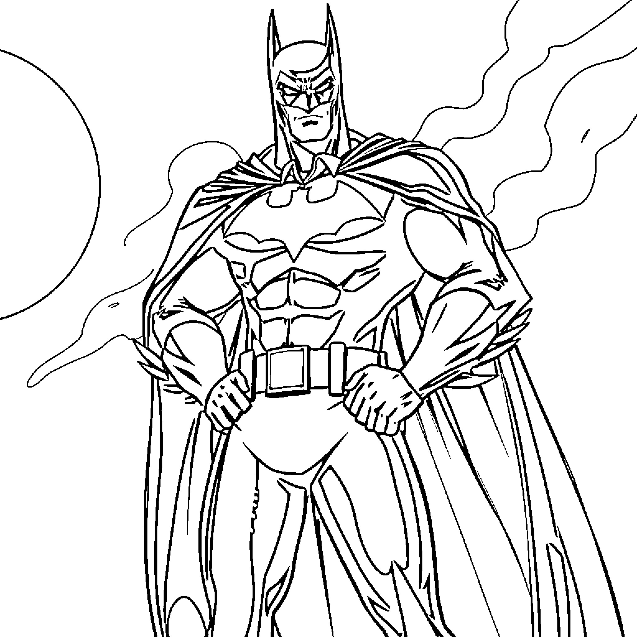 Batman standing ready to take action Coloring Page (free black-and-white line drawing printable PDF for all, from beginners to advanced learners, including children, teens, adults, and seniors)