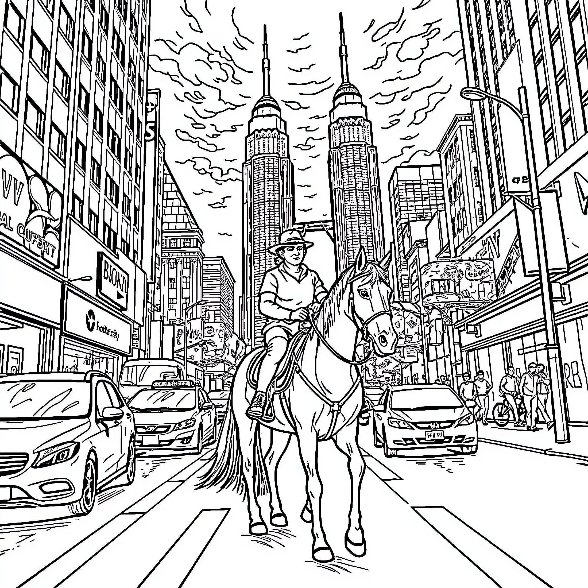 Horse and rider in the bustling city streets Coloring Page (free black-and-white line drawing printable PDF for all, from beginners to advanced learners, including children, teens, adults, and seniors)