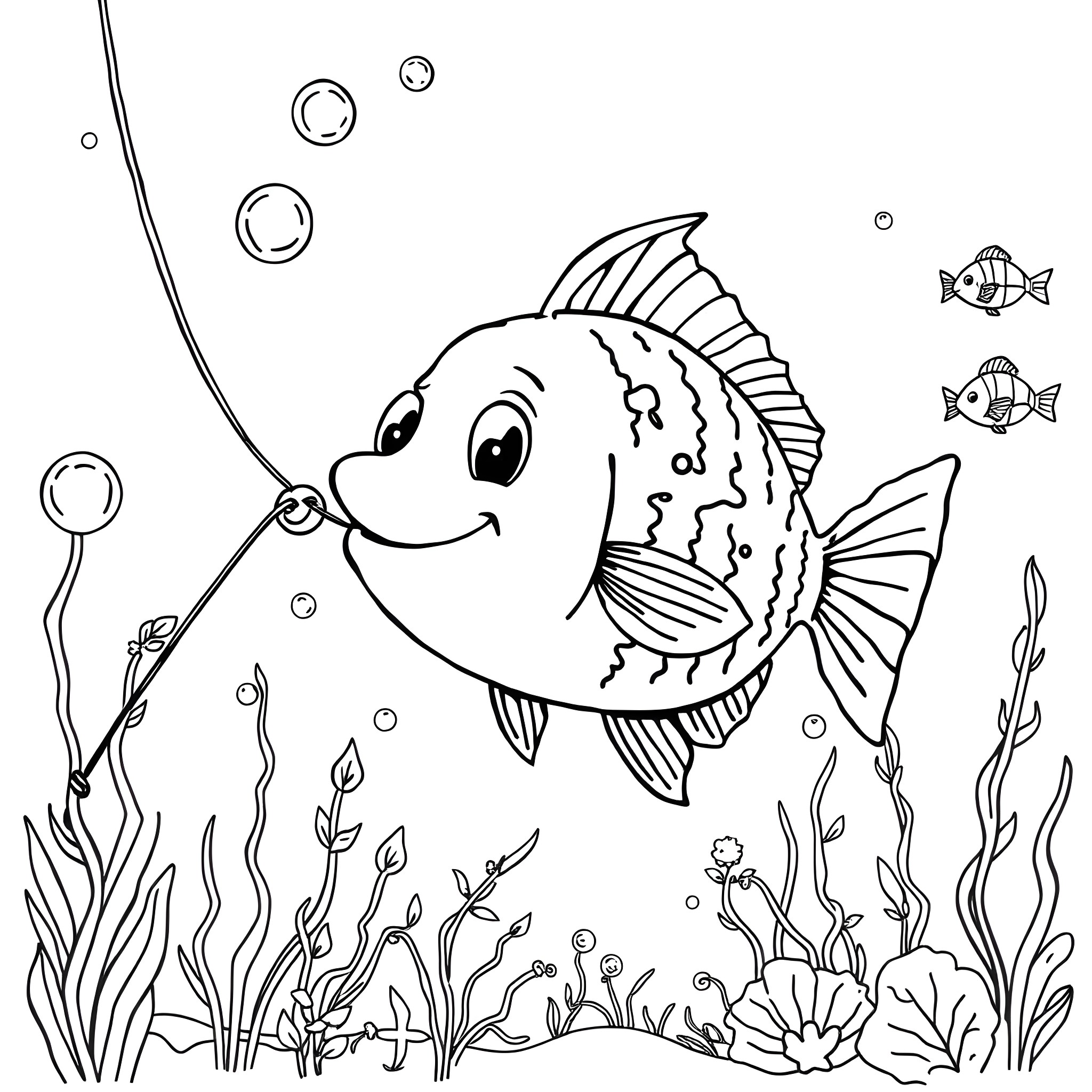 Fish swimming happily in the underwater garden Coloring Page (free black-and-white line drawing printable PDF for all, from beginners to advanced learners, including children, teens, adults, and seniors)