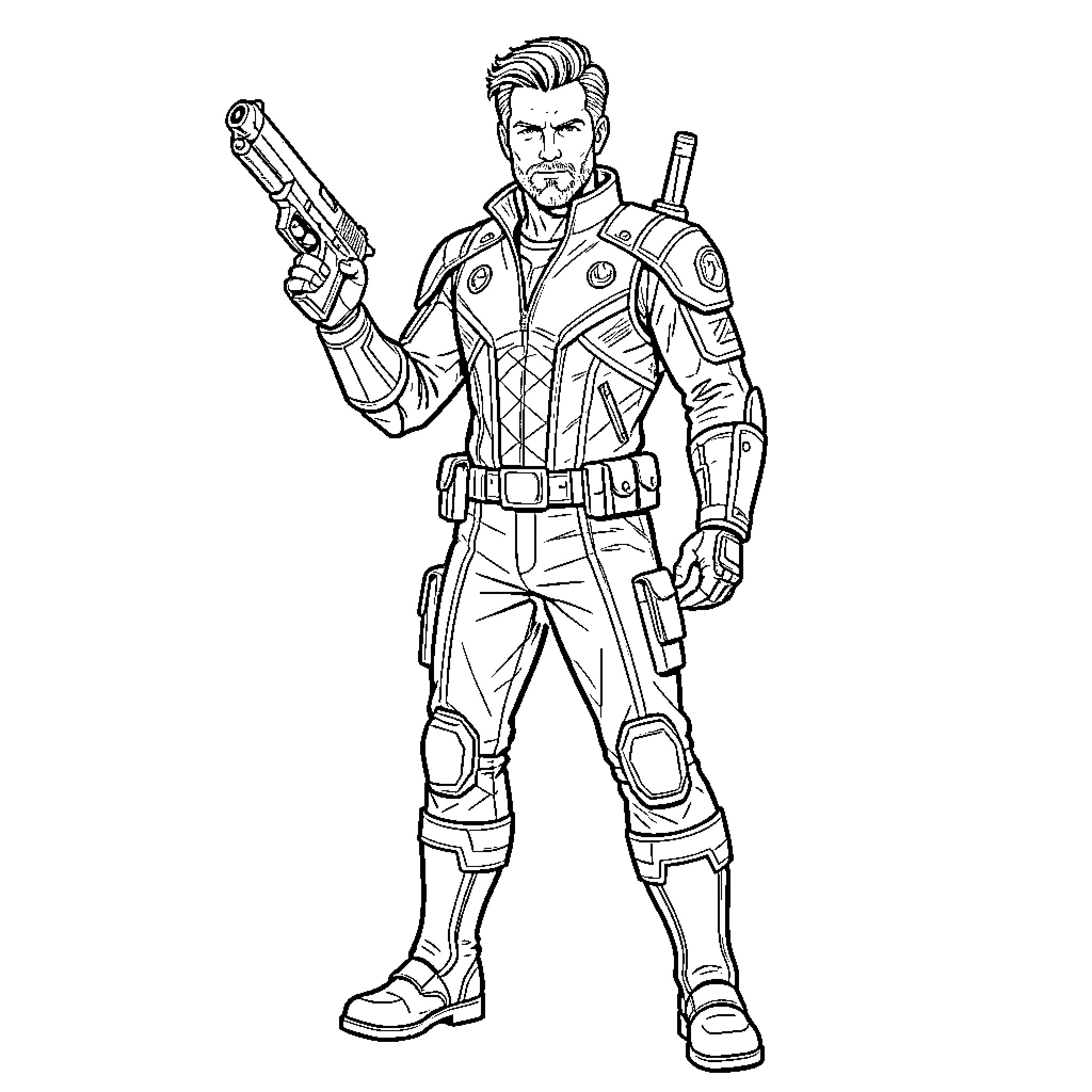 Star Lord in action-ready pose with weapons Coloring Page (free black-and-white line drawing printable PDF for all, from beginners to advanced learners, including children, teens, adults, and seniors)