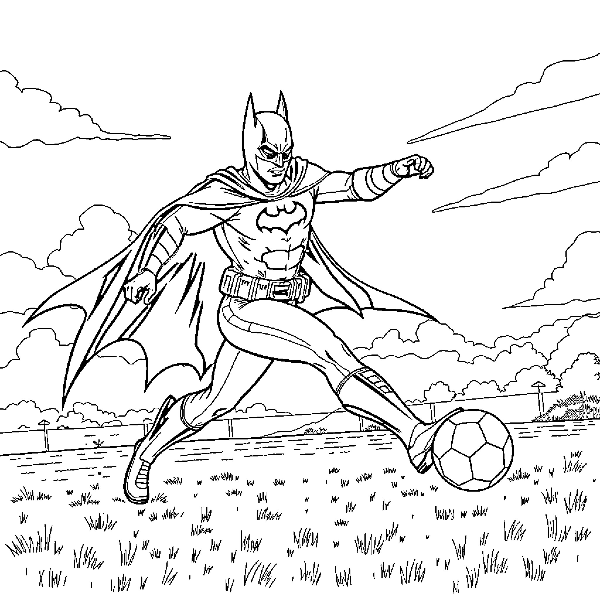 Batman Kicking a Soccer Ball in an Outdoor Field Coloring Page (free black-and-white line drawing printable PDF for all, from beginners to advanced learners, including children, teens, adults, and seniors)