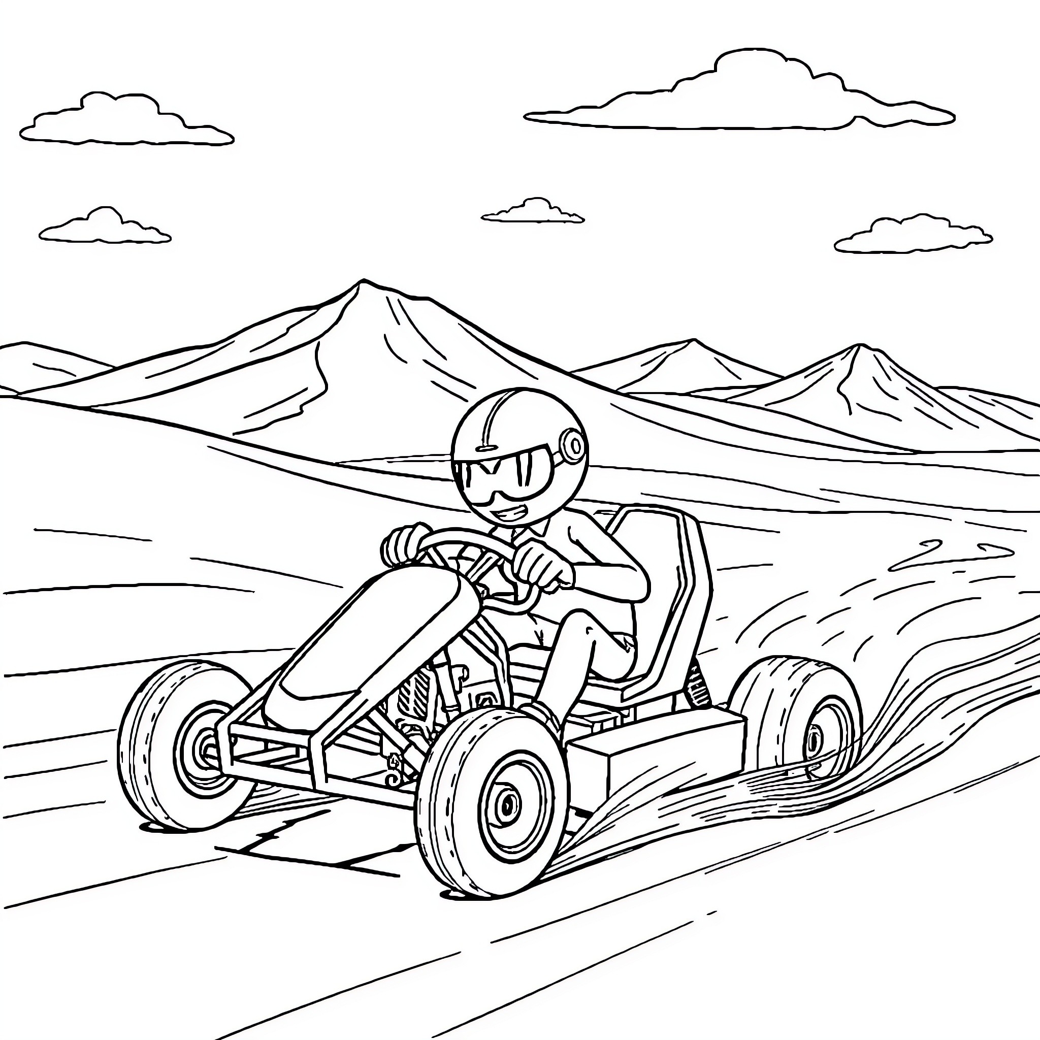 Bluey racing through the mountains on a cart Coloring Page (free black-and-white line drawing printable PDF for all, from beginners to advanced learners, including children, teens, adults, and seniors)