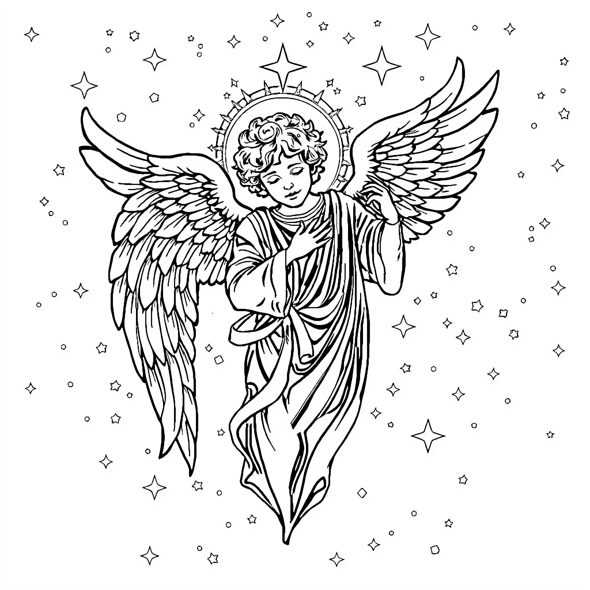 Death of an Angel in the Starry Night Coloring Page (free black-and-white line drawing printable PDF for all, from beginners to advanced learners, including children, teens, adults, and seniors)