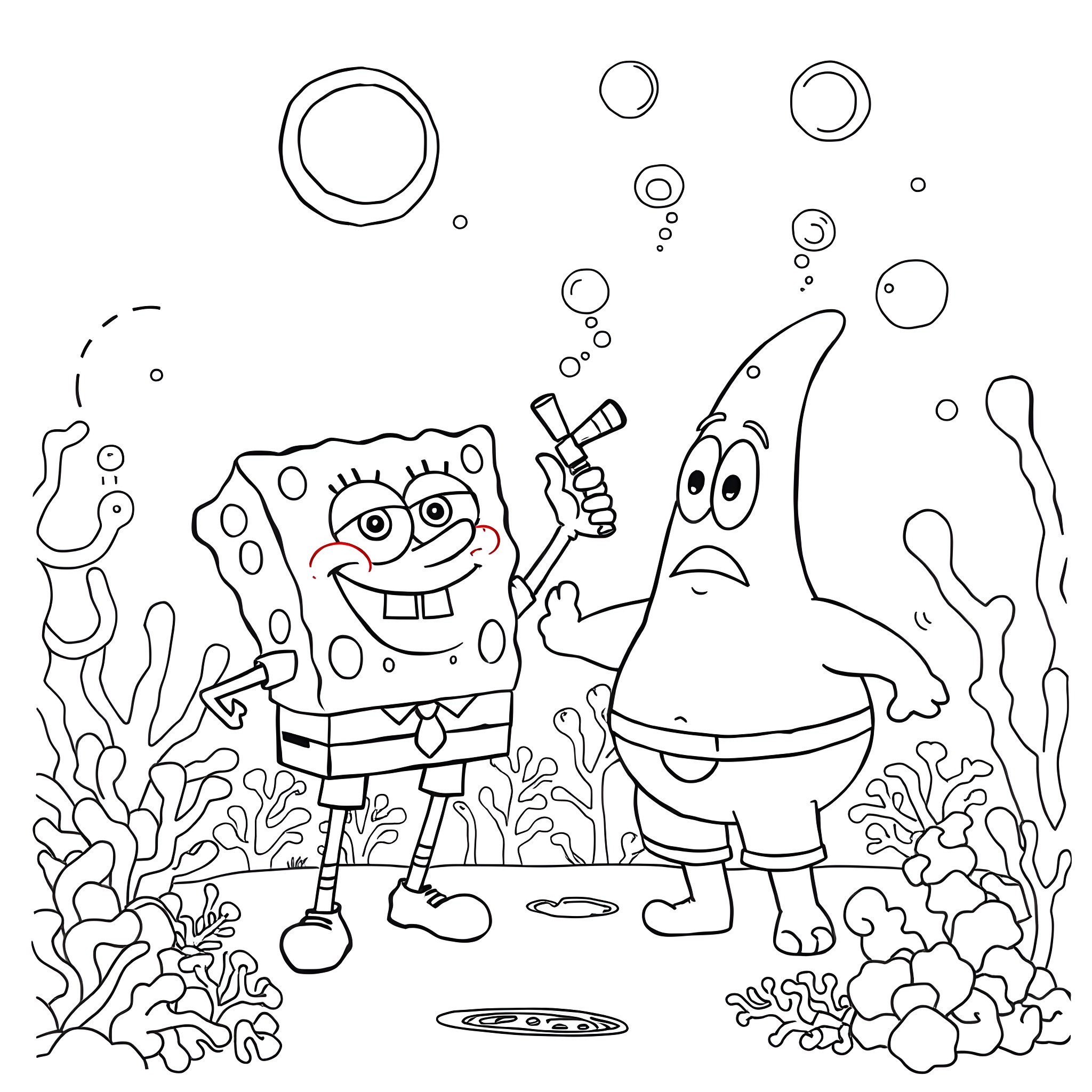 Spongebob and Patrick exploring the underwater world Coloring Page (free black-and-white line drawing printable PDF for all, from beginners to advanced learners, including children, teens, adults, and seniors)