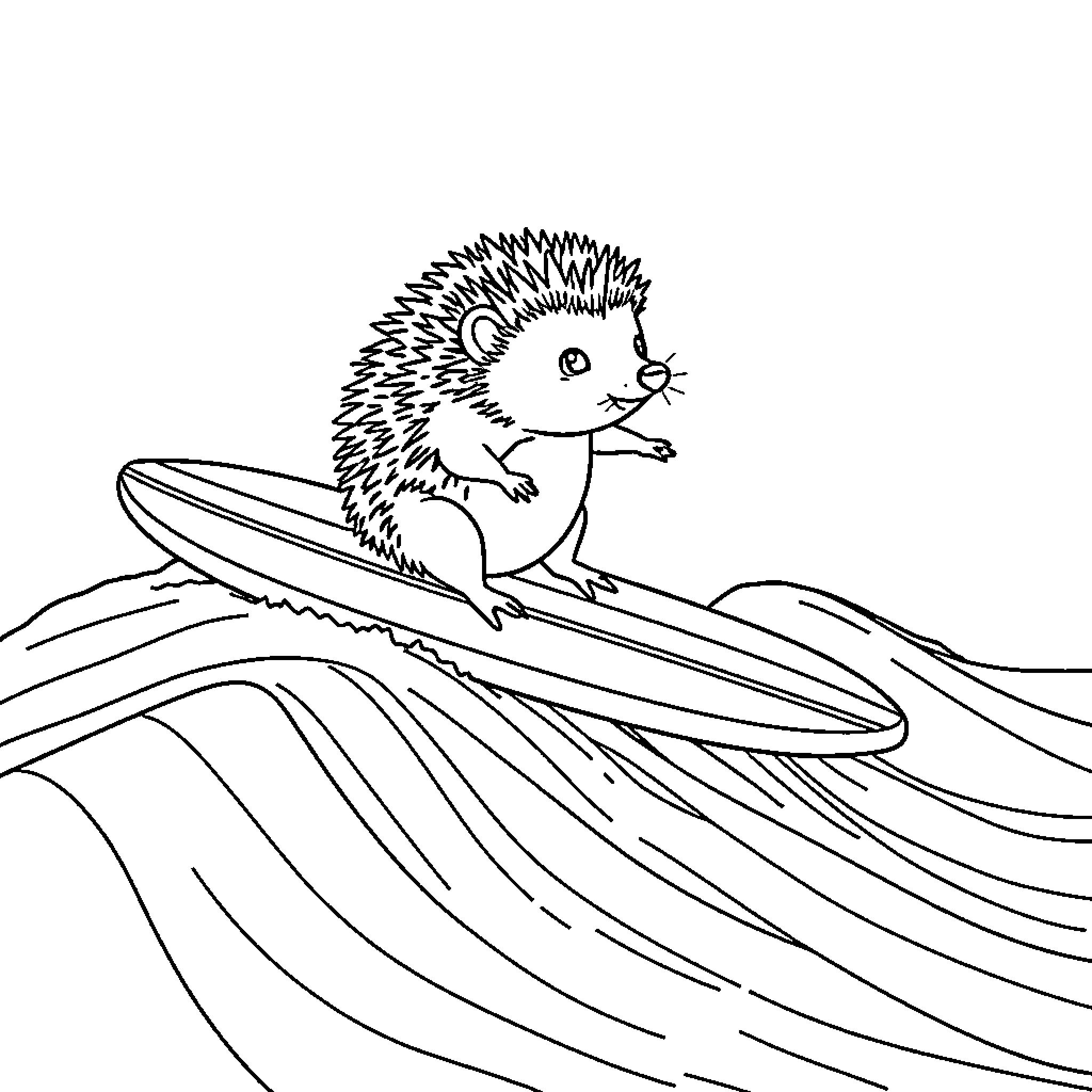 Hedgehog riding a surfboard in the waves Coloring Page (free black-and-white line drawing printable PDF for all, from beginners to advanced learners, including children, teens, adults, and seniors)