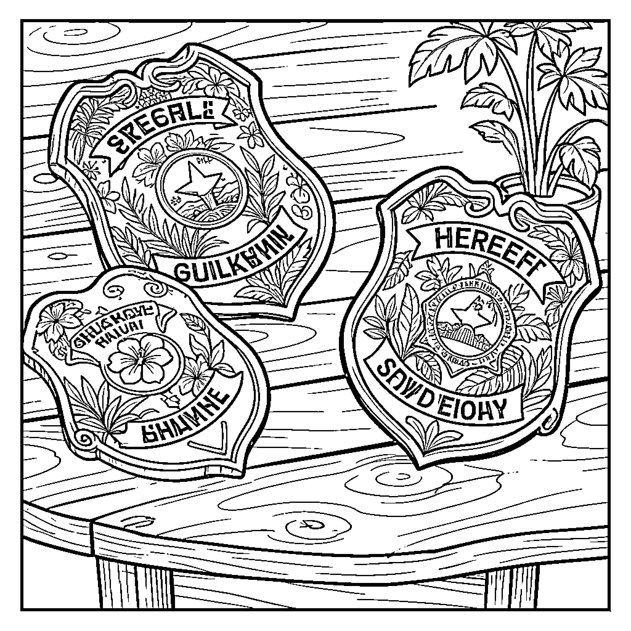 Badge collection featuring various intricate floral patterns and designs Coloring Page (free black-and-white line drawing printable PDF for all, from beginners to advanced learners, including children, teens, adults, and seniors)