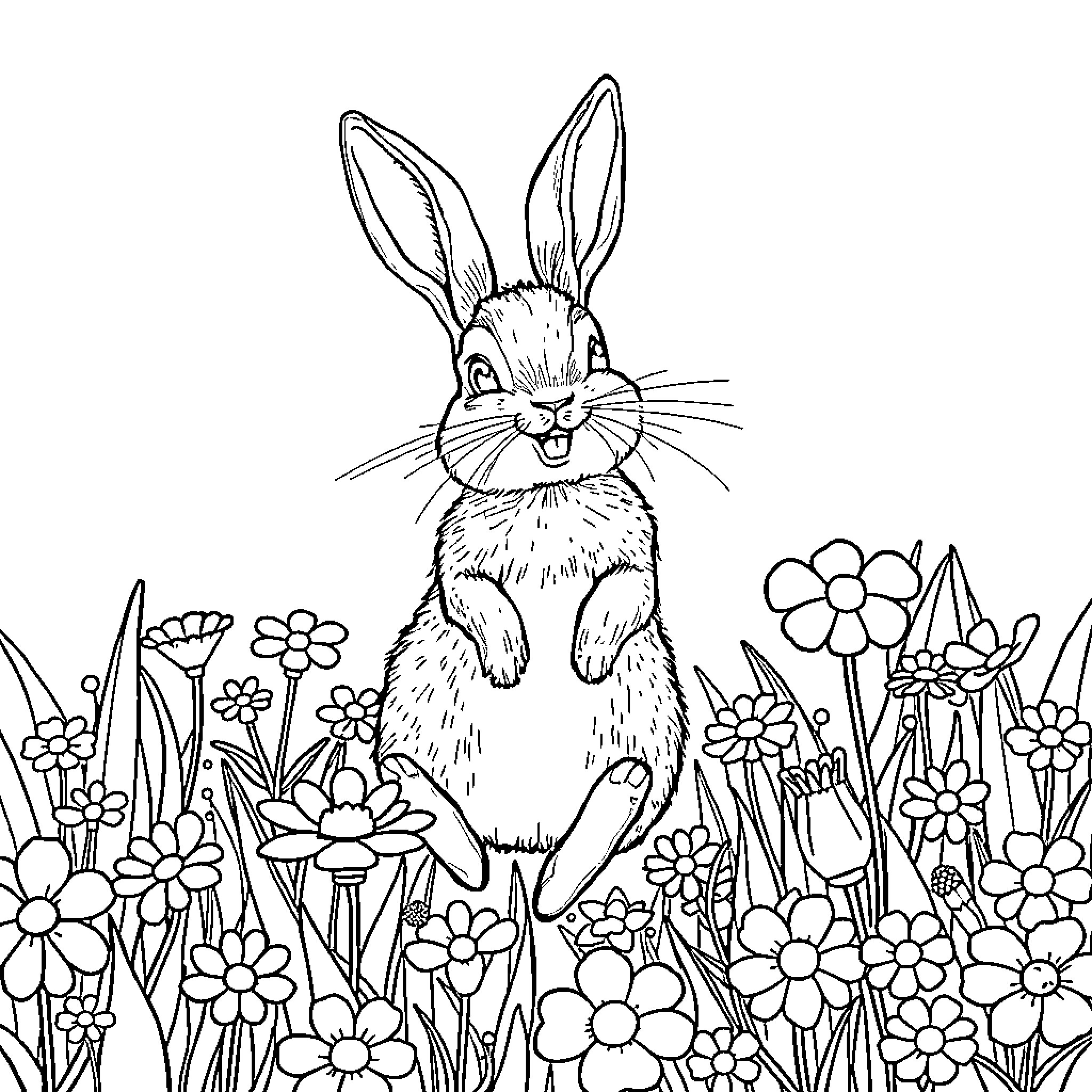 Rabbit amidst whimsical garden flowers Coloring Page (free black-and-white line drawing printable PDF for all, from beginners to advanced learners, including children, teens, adults, and seniors)
