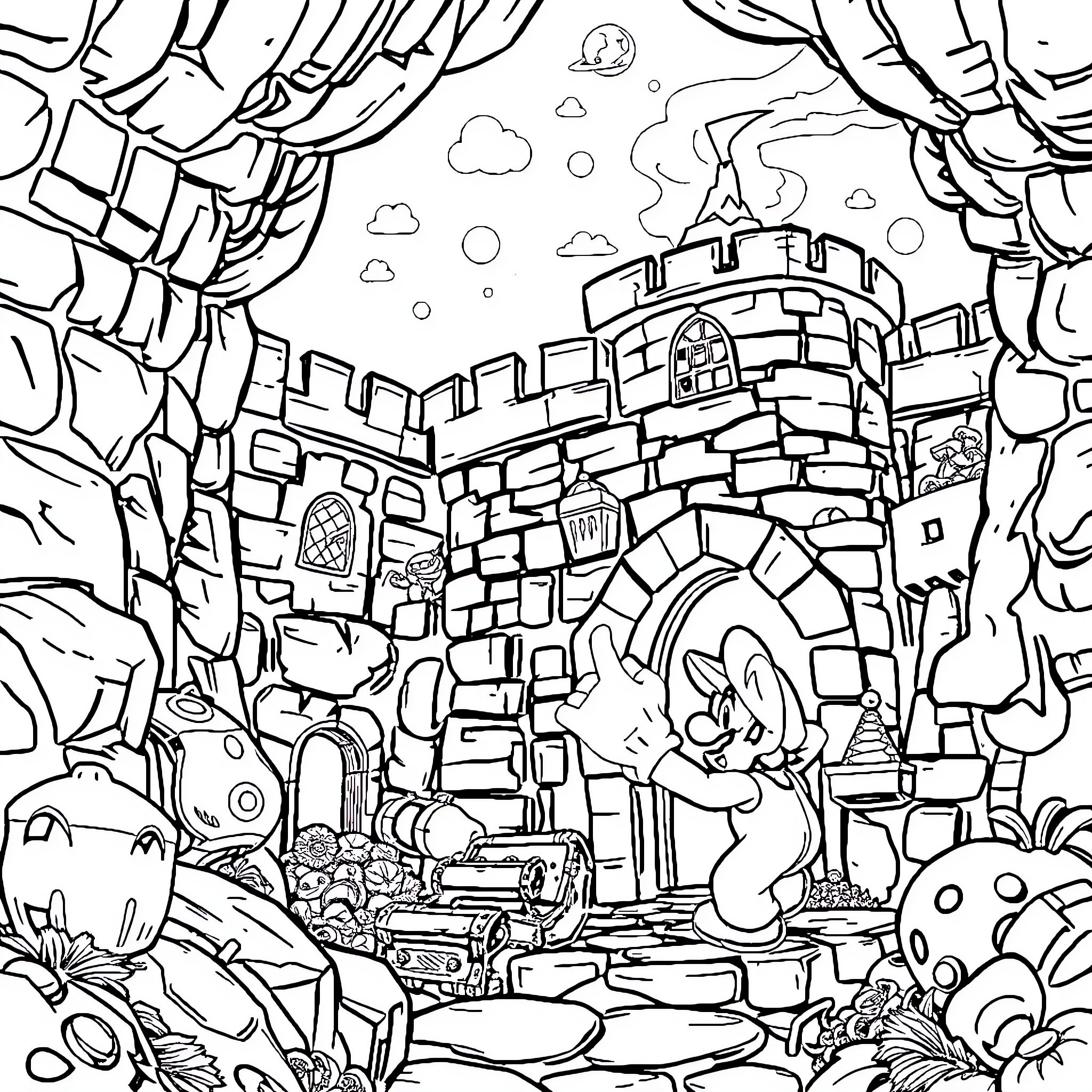 Mario exploring a fantastical castle landscape Coloring Page (free black-and-white line drawing printable PDF for all, from beginners to advanced learners, including children, teens, adults, and seniors)