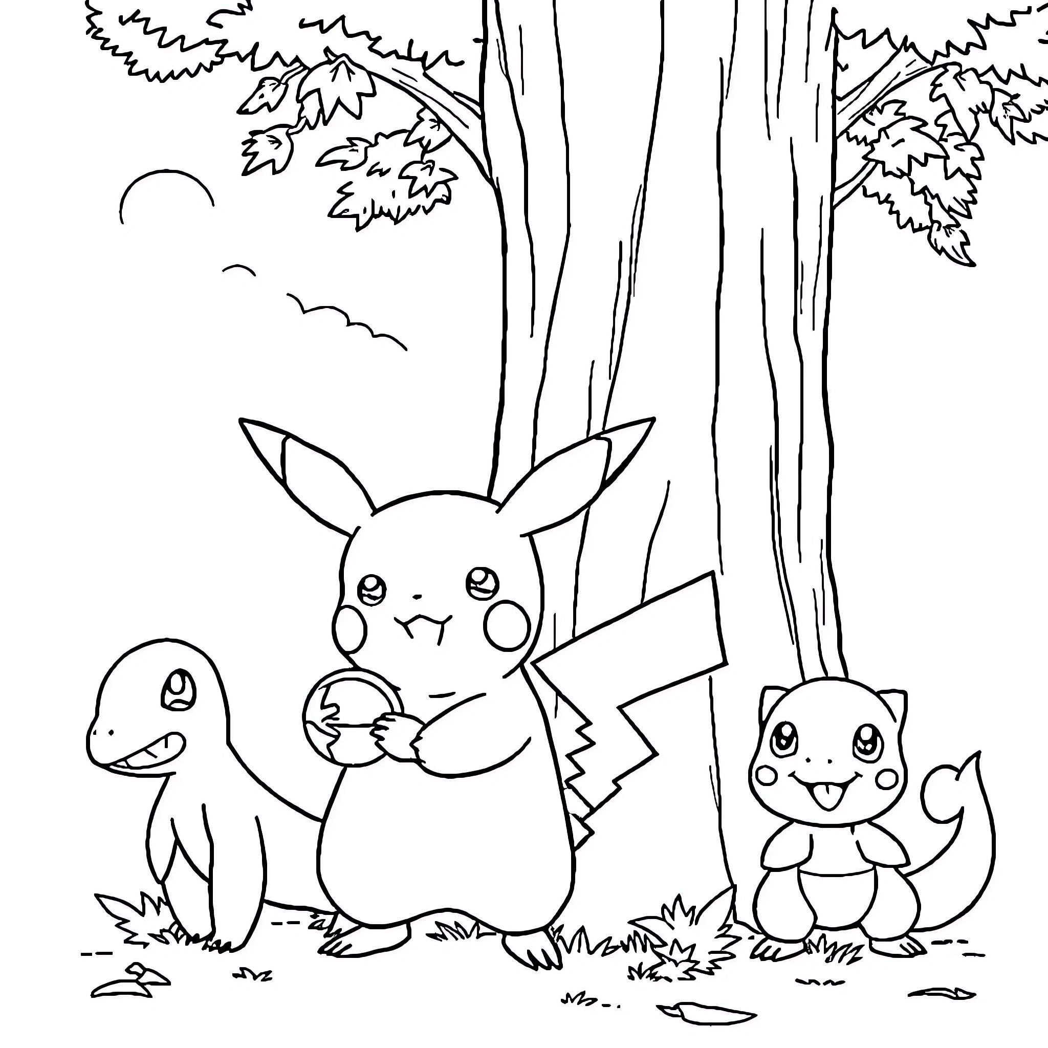 Pikachu and friends exploring the forest Coloring Page (free black-and-white line drawing printable PDF for all, from beginners to advanced learners, including children, teens, adults, and seniors)