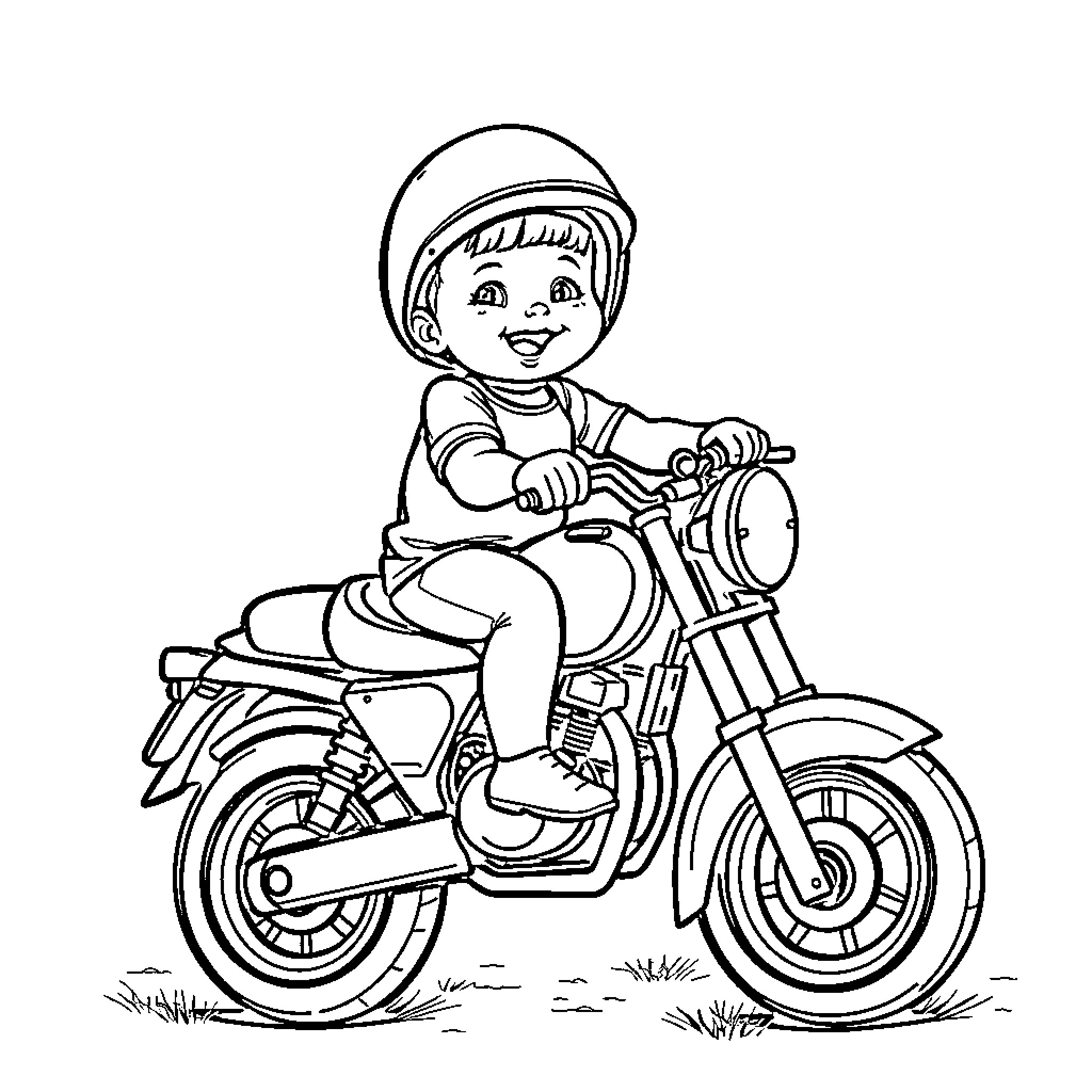 Baby riding motorcycle with excitement Coloring Page (free black-and-white line drawing printable PDF for all, from beginners to advanced learners, including children, teens, adults, and seniors)