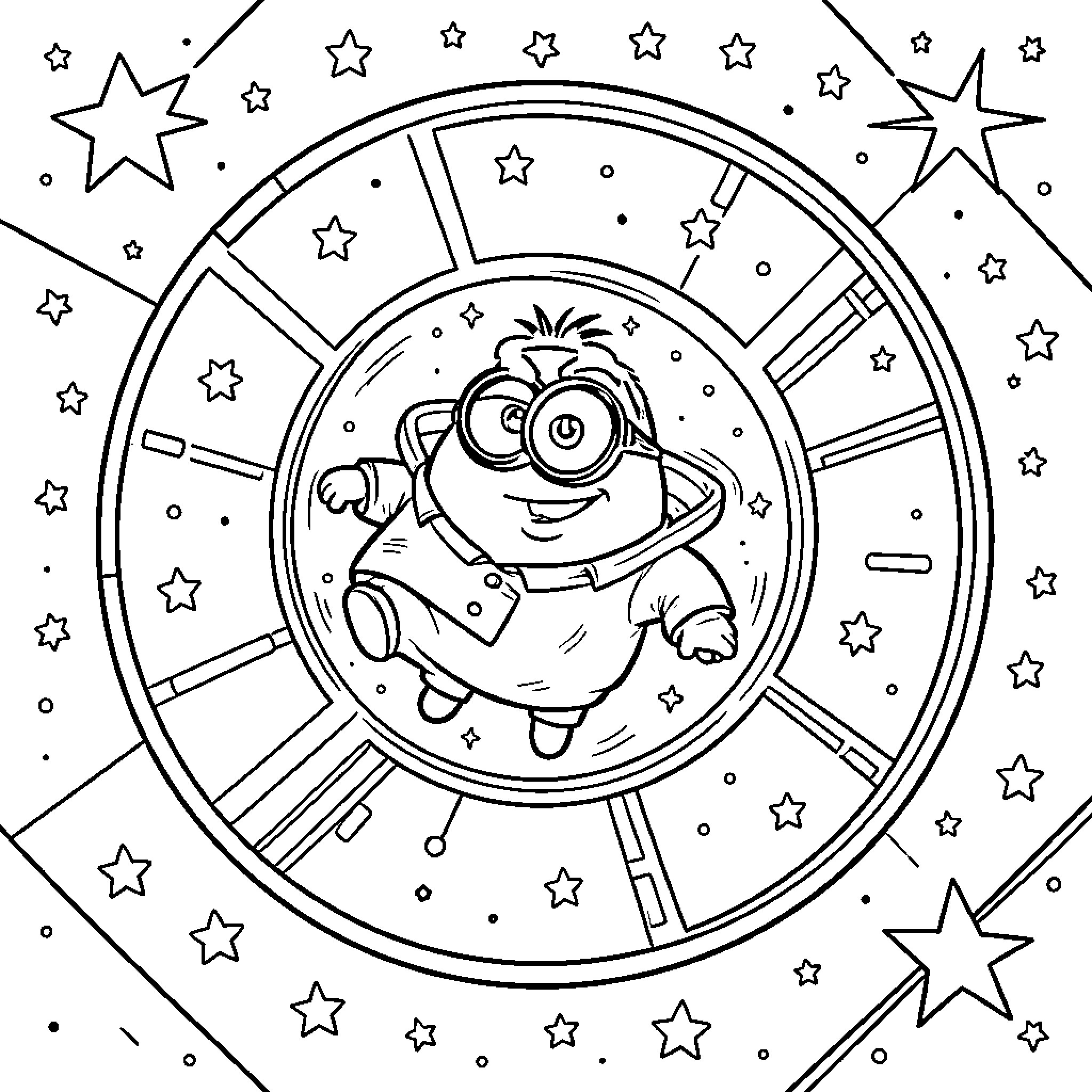 Gru's minion floating inside a cosmic circular portal Coloring Page (free black-and-white line drawing printable PDF for all, from beginners to advanced learners, including children, teens, adults, and seniors)