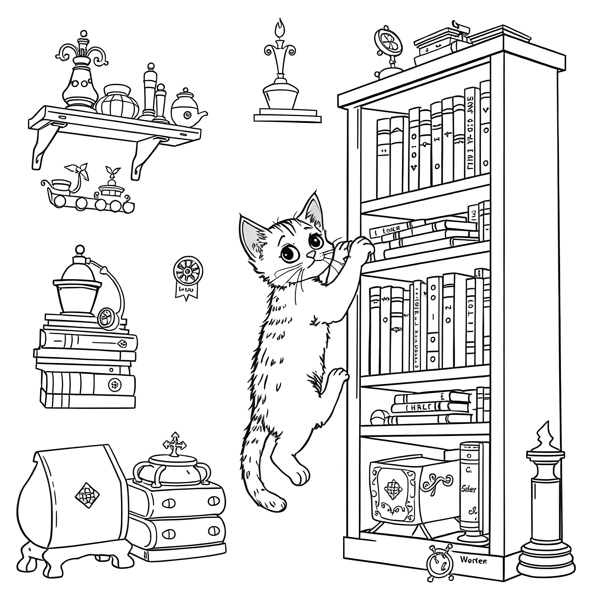 Curious Kitten Exploring Antique Bookshelf Coloring Page (free black-and-white line drawing printable PDF for all, from beginners to advanced learners, including children, teens, adults, and seniors)