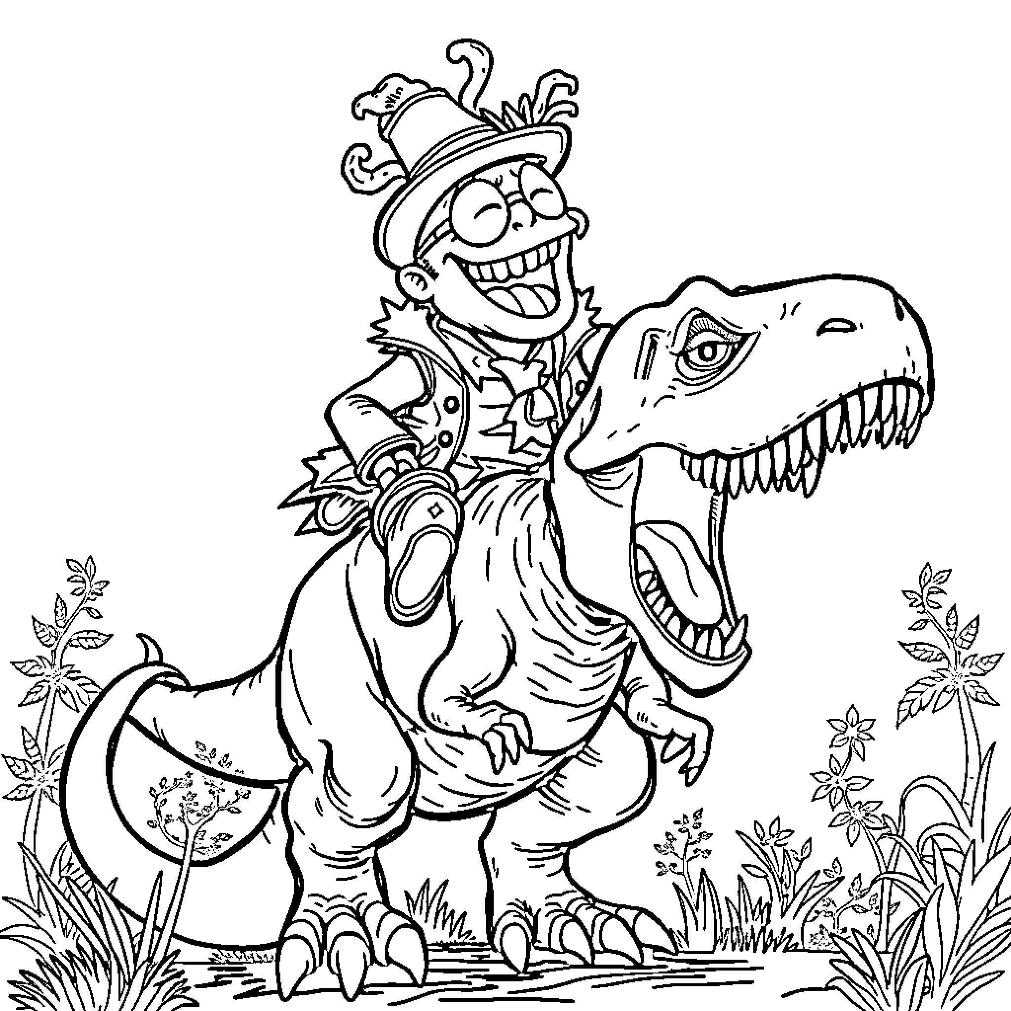 Brain Rot - Peculiar Creature Rides Dinosaur Coloring Page (free black-and-white line drawing printable PDF for all, from beginners to advanced learners, including children, teens, adults, and seniors)