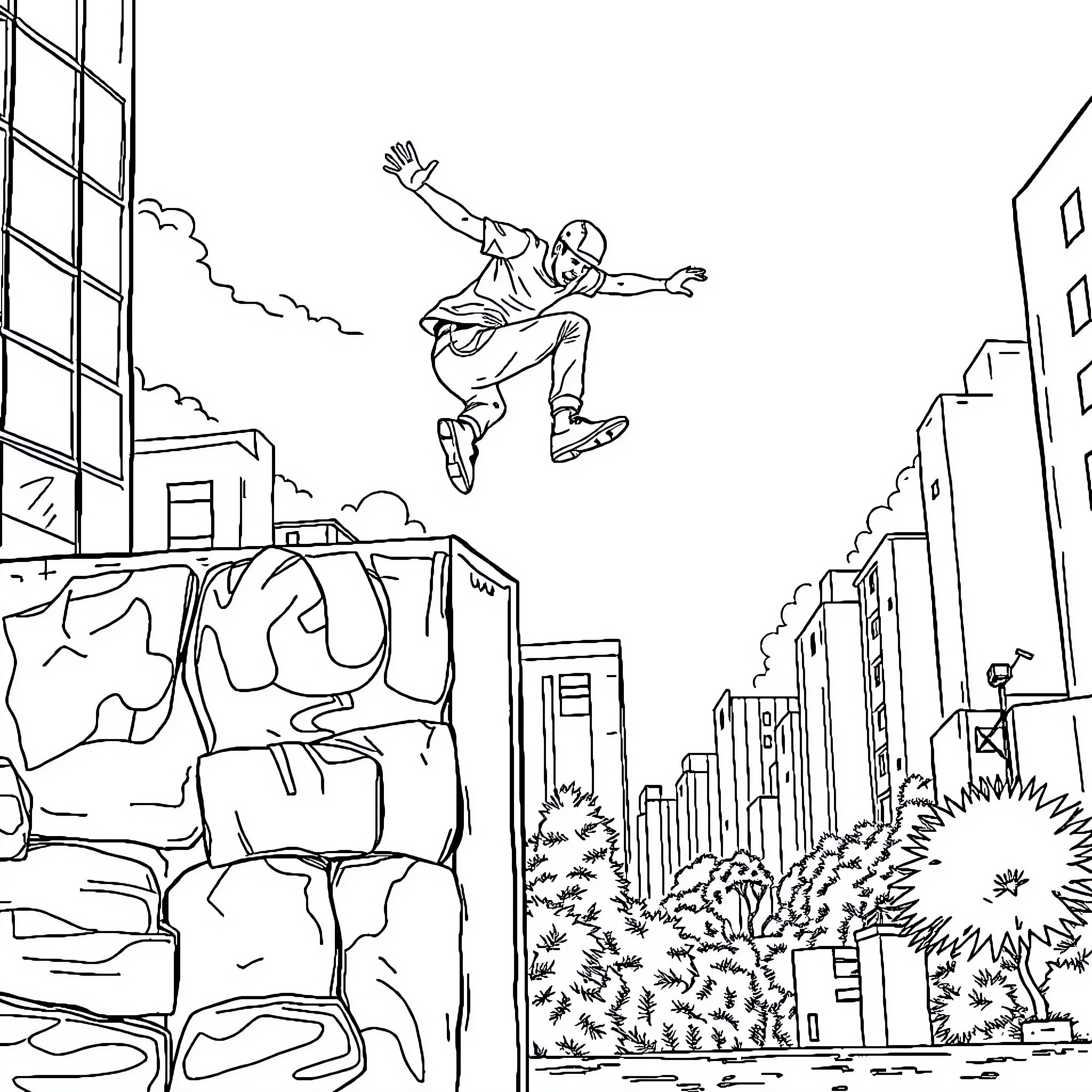Parkour Guy Leaps Across Urban Landscape Coloring Page (free black-and-white line drawing printable PDF for all, from beginners to advanced learners, including children, teens, adults, and seniors)