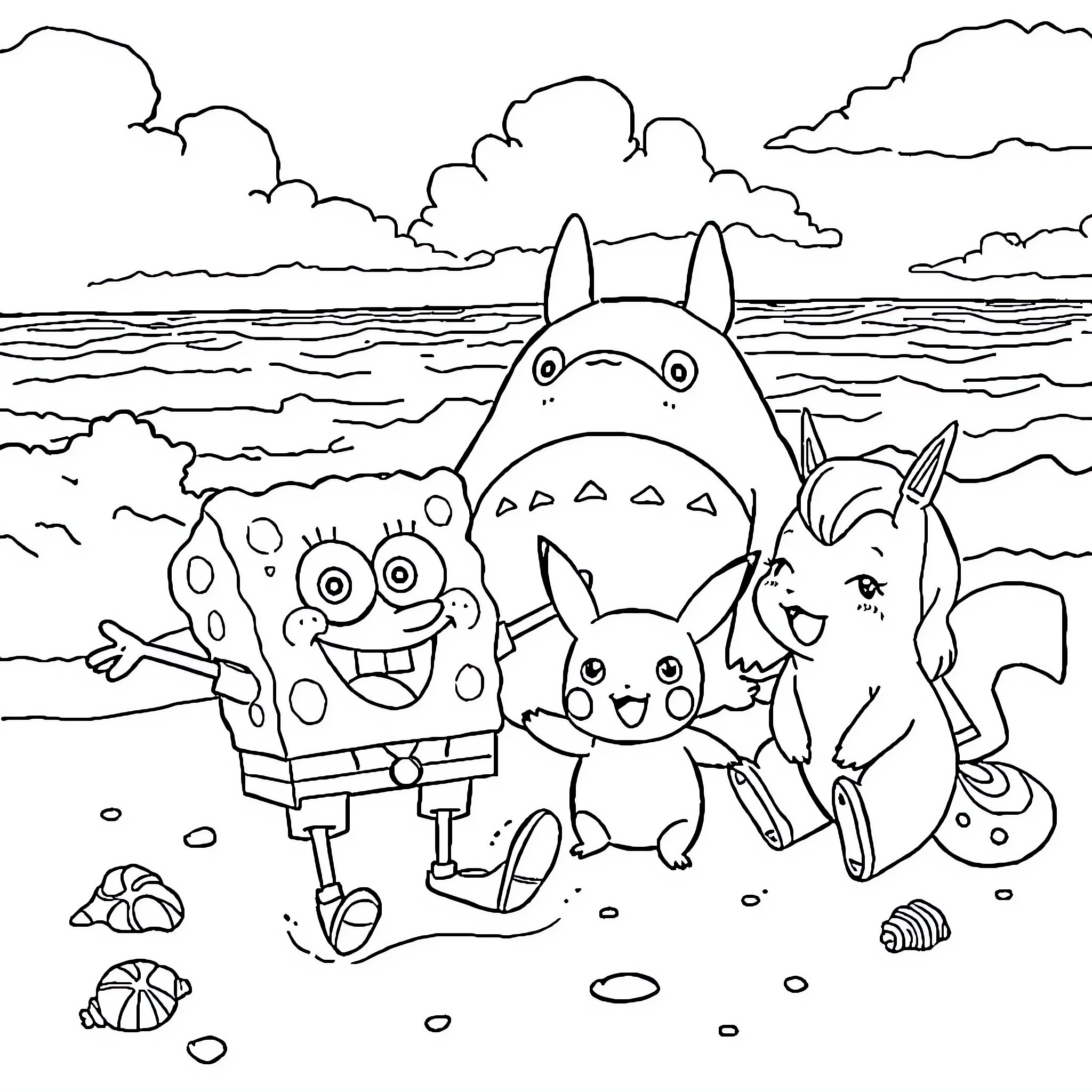 Character Cartoon Creatures Enjoying Beach Scene Coloring Page (free black-and-white line drawing printable PDF for all, from beginners to advanced learners, including children, teens, adults, and seniors)