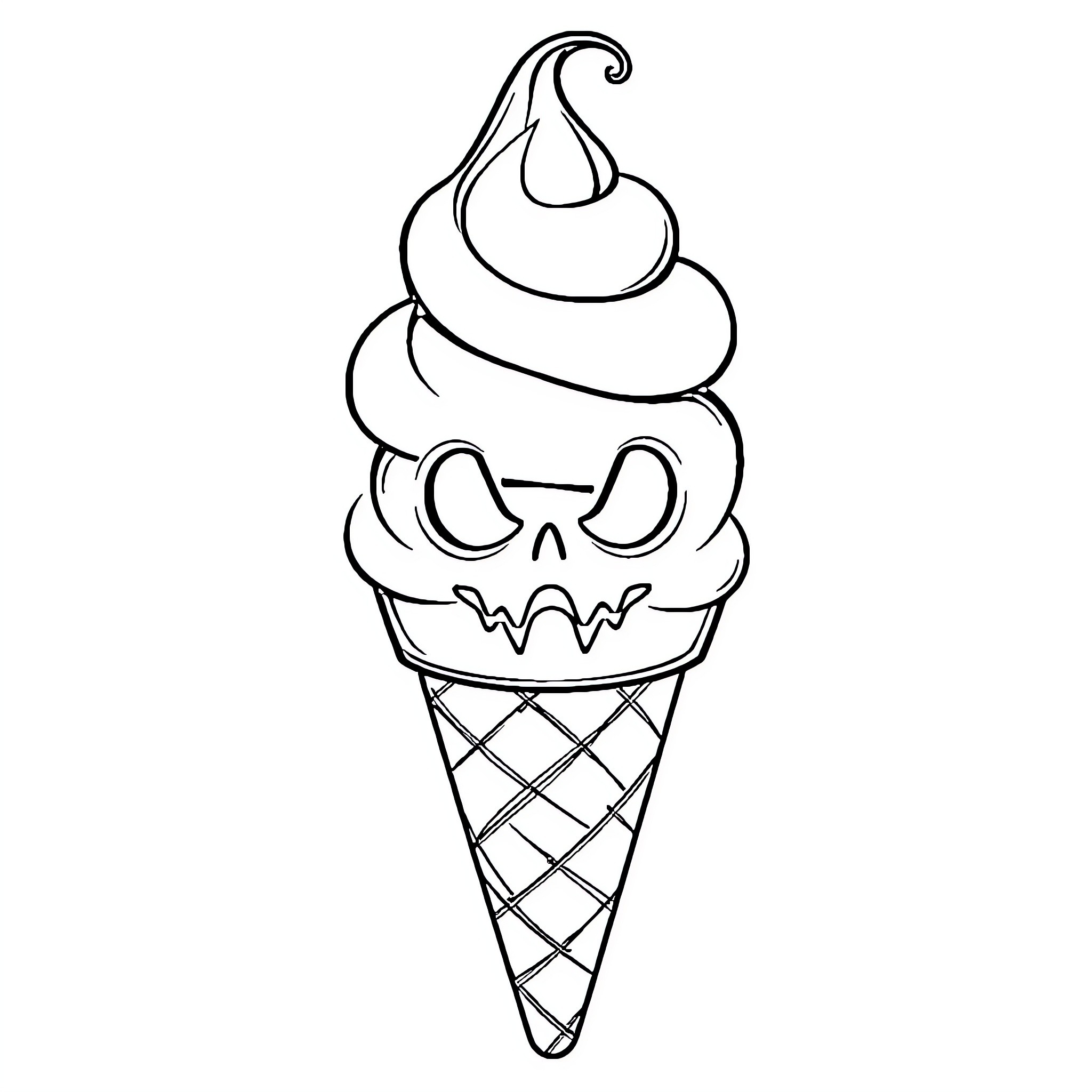 Ice Cream Cone with Spooky Design Coloring Page (free black-and-white line drawing printable PDF for all, from beginners to advanced learners, including children, teens, adults, and seniors)