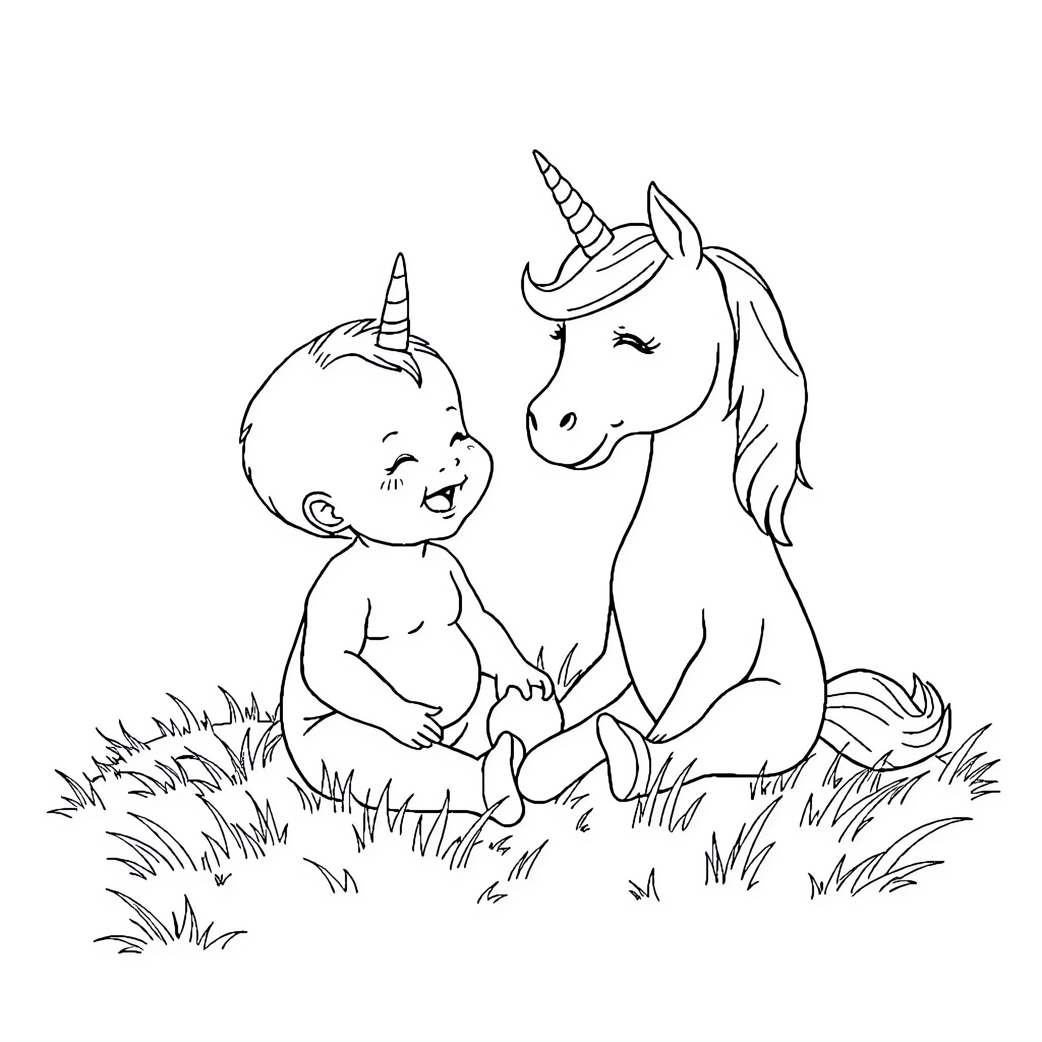 Baby playing with unicorn in the field Coloring Page (free black-and-white line drawing printable PDF for all, from beginners to advanced learners, including children, teens, adults, and seniors)
