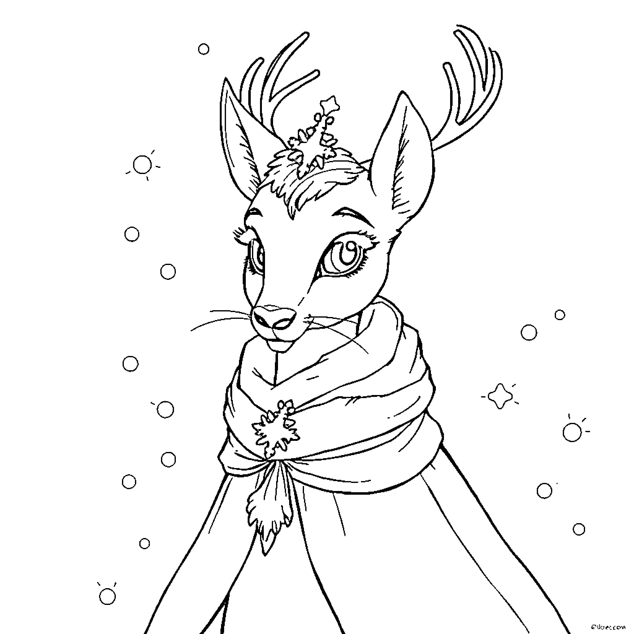 Snow Queen Deer in Winter Attire Coloring Page (free black-and-white line drawing printable PDF for all, from beginners to advanced learners, including children, teens, adults, and seniors)