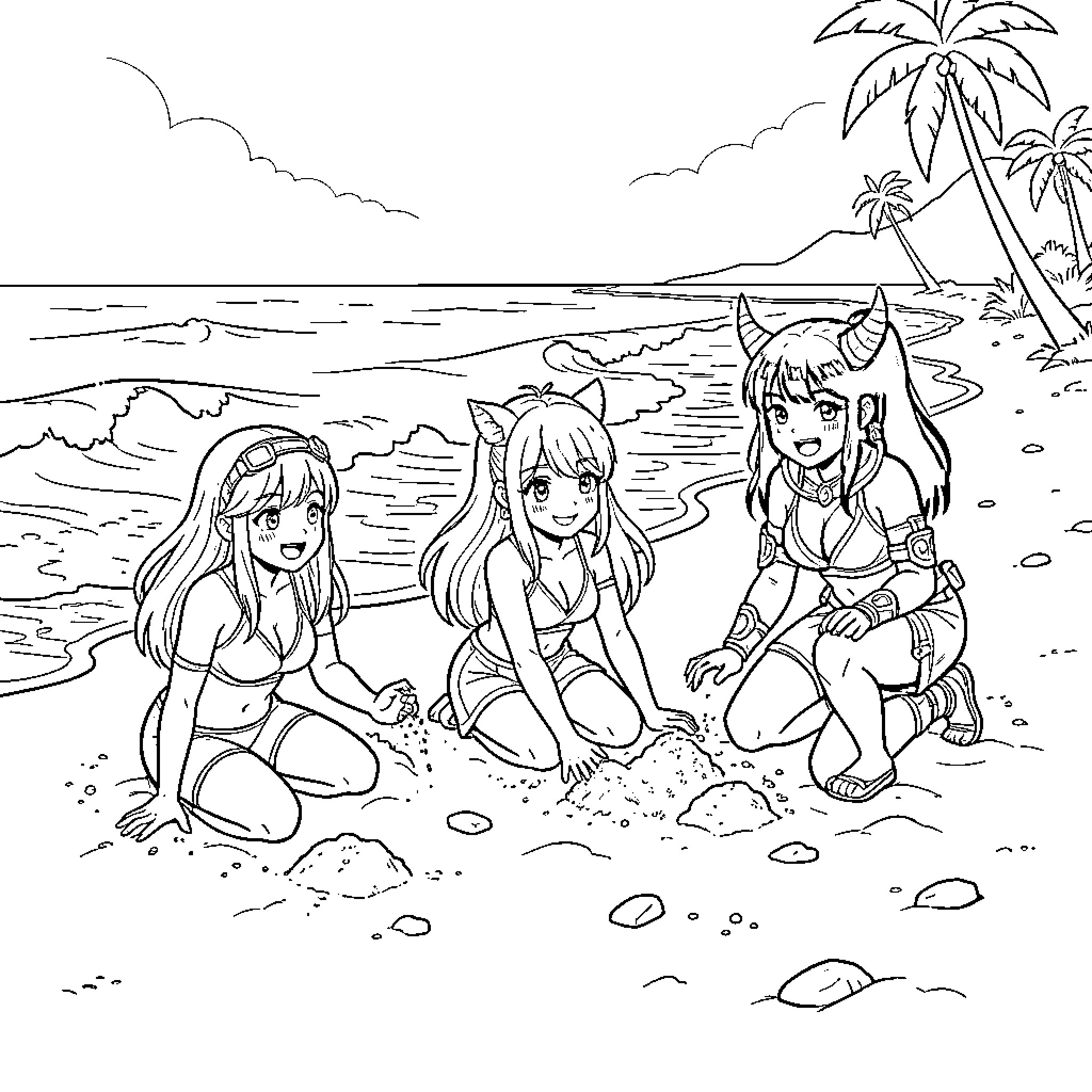 Huntrix girls playing together on a sunny beach Coloring Page (free black-and-white line drawing printable PDF for all, from beginners to advanced learners, including children, teens, adults, and seniors)