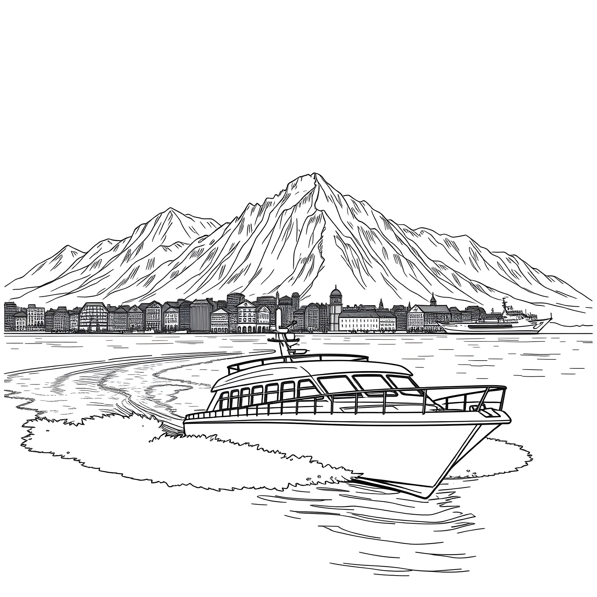Water Vehicle Cruising in Scenic Mountain Landscape Coloring Page (free black-and-white line drawing printable PDF for all, from beginners to advanced learners, including children, teens, adults, and seniors)