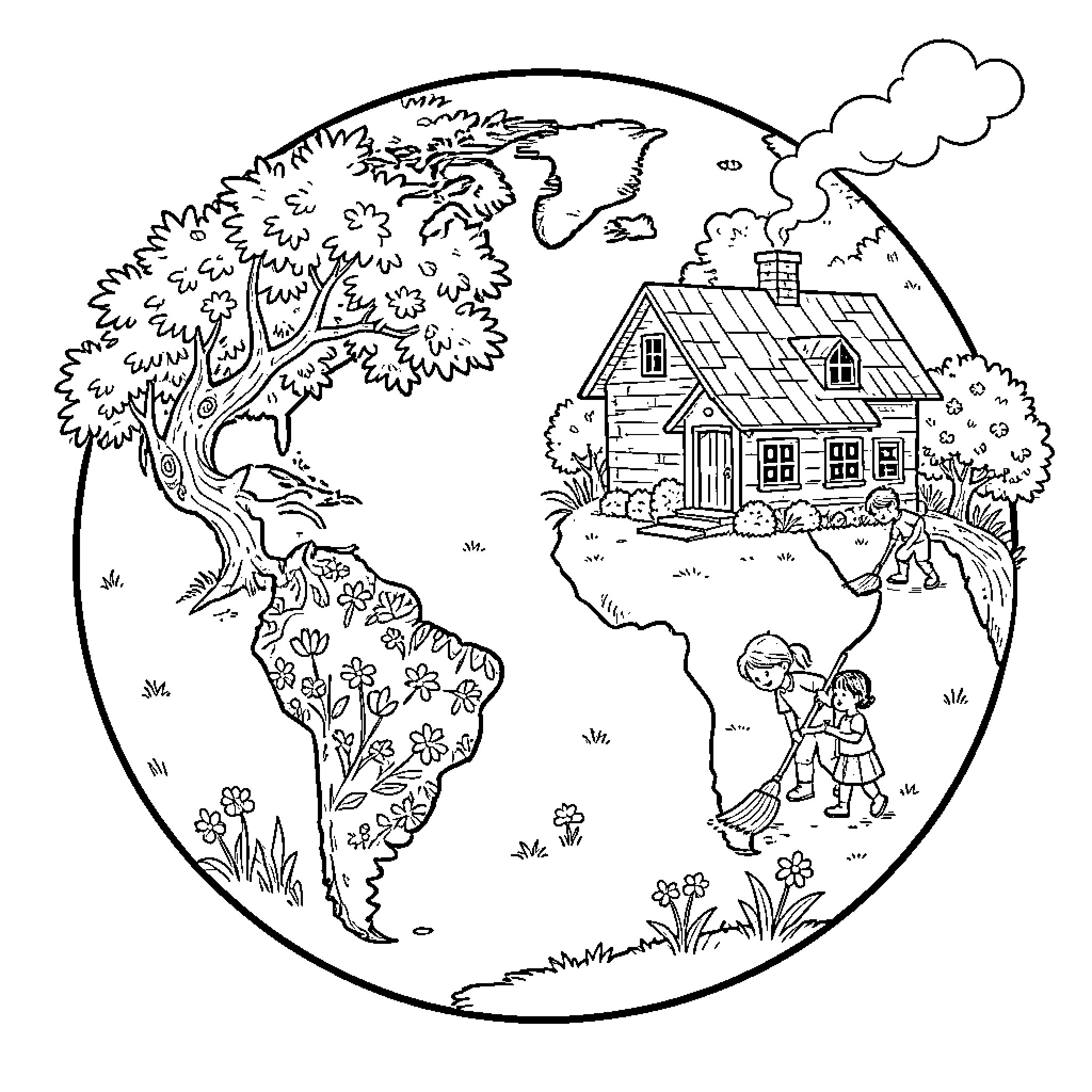 Earth showing people caring for the environment Coloring Page (free black-and-white line drawing printable PDF for all, from beginners to advanced learners, including children, teens, adults, and seniors)