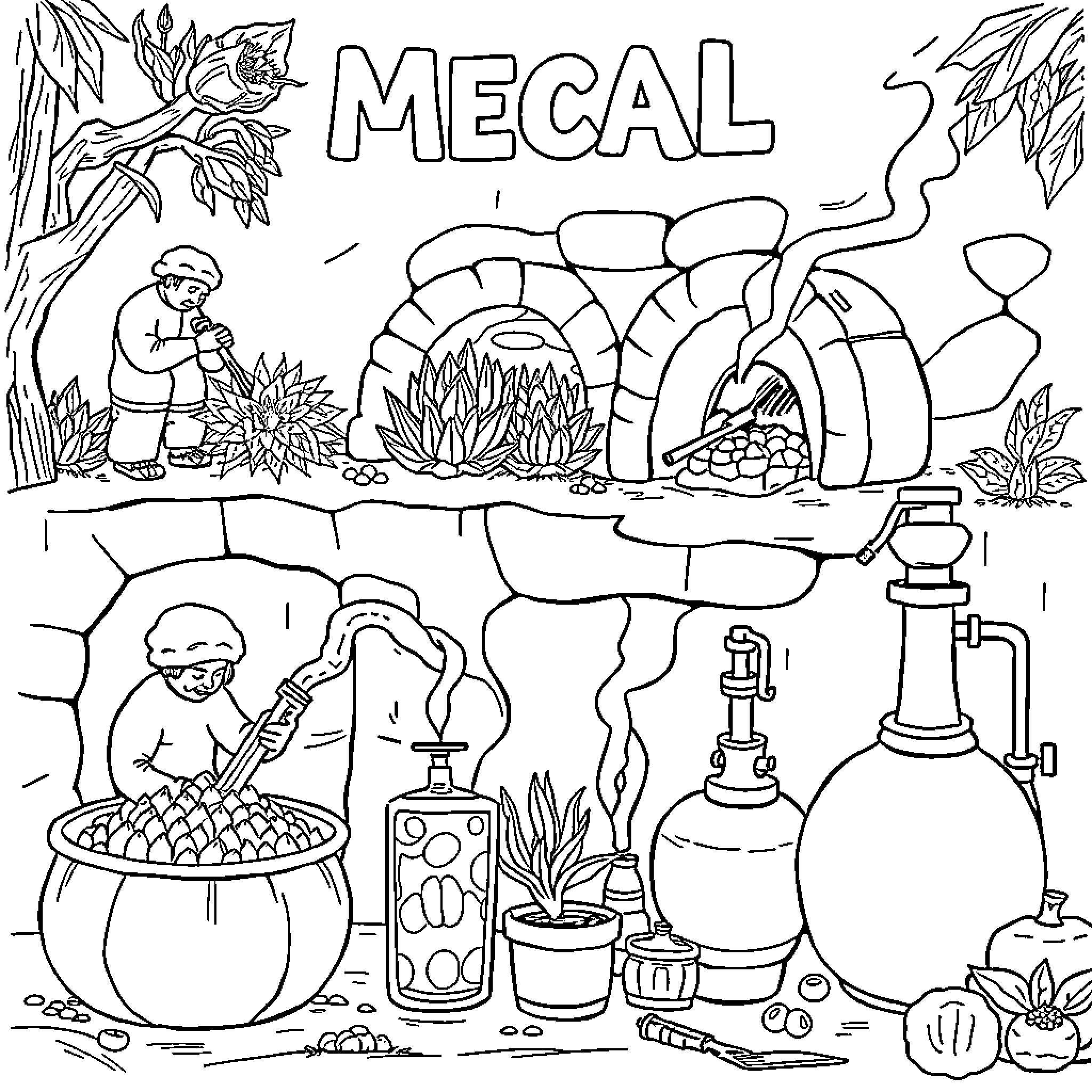 Mezcal production process with workers and equipment Coloring Page (free black-and-white line drawing printable PDF for all, from beginners to advanced learners, including children, teens, adults, and seniors)
