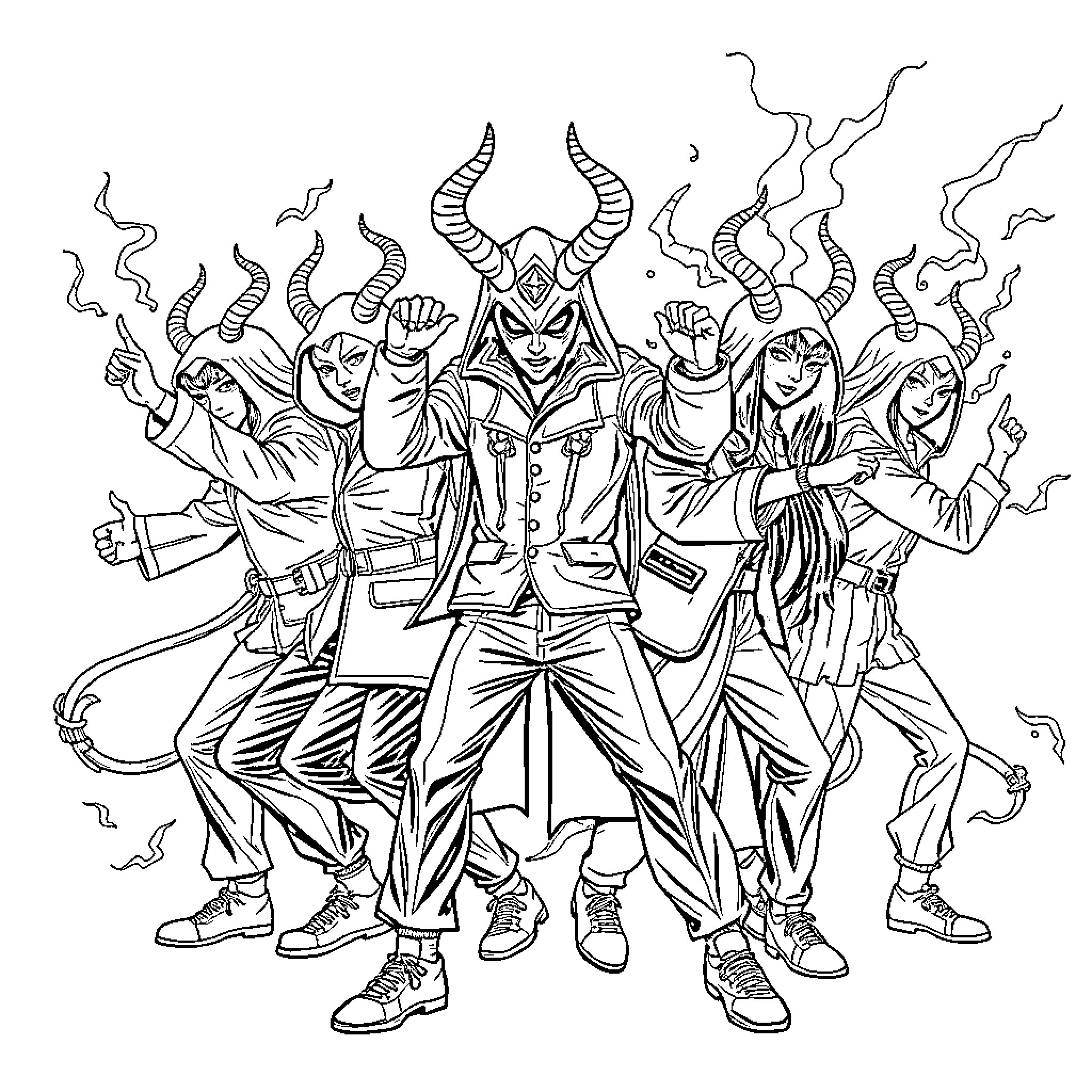 Demon Hunter: Fierce Guardians of the Realm Coloring Page (free black-and-white line drawing printable PDF for all, from beginners to advanced learners, including children, teens, adults, and seniors)