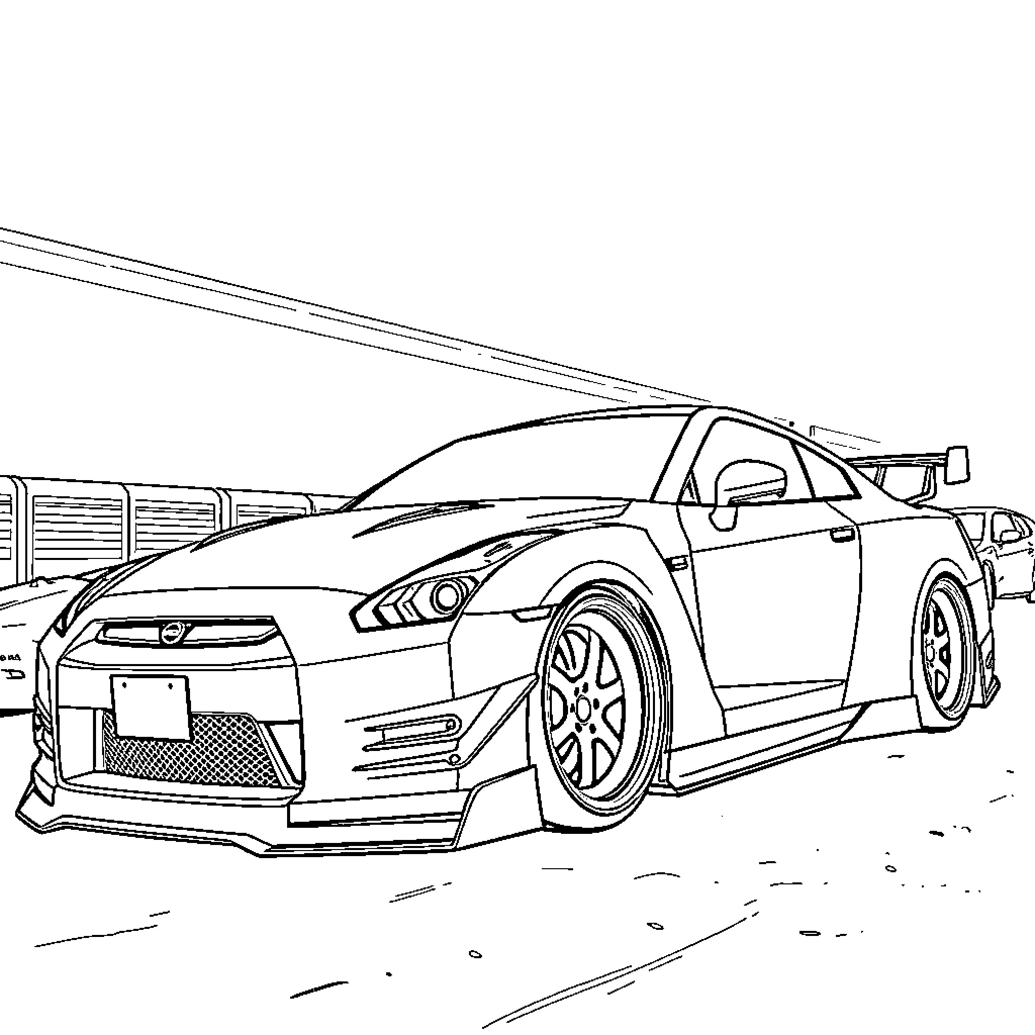 Nissan GTR speeding down the track Coloring Page (free black-and-white line drawing printable PDF for all, from beginners to advanced learners, including children, teens, adults, and seniors)