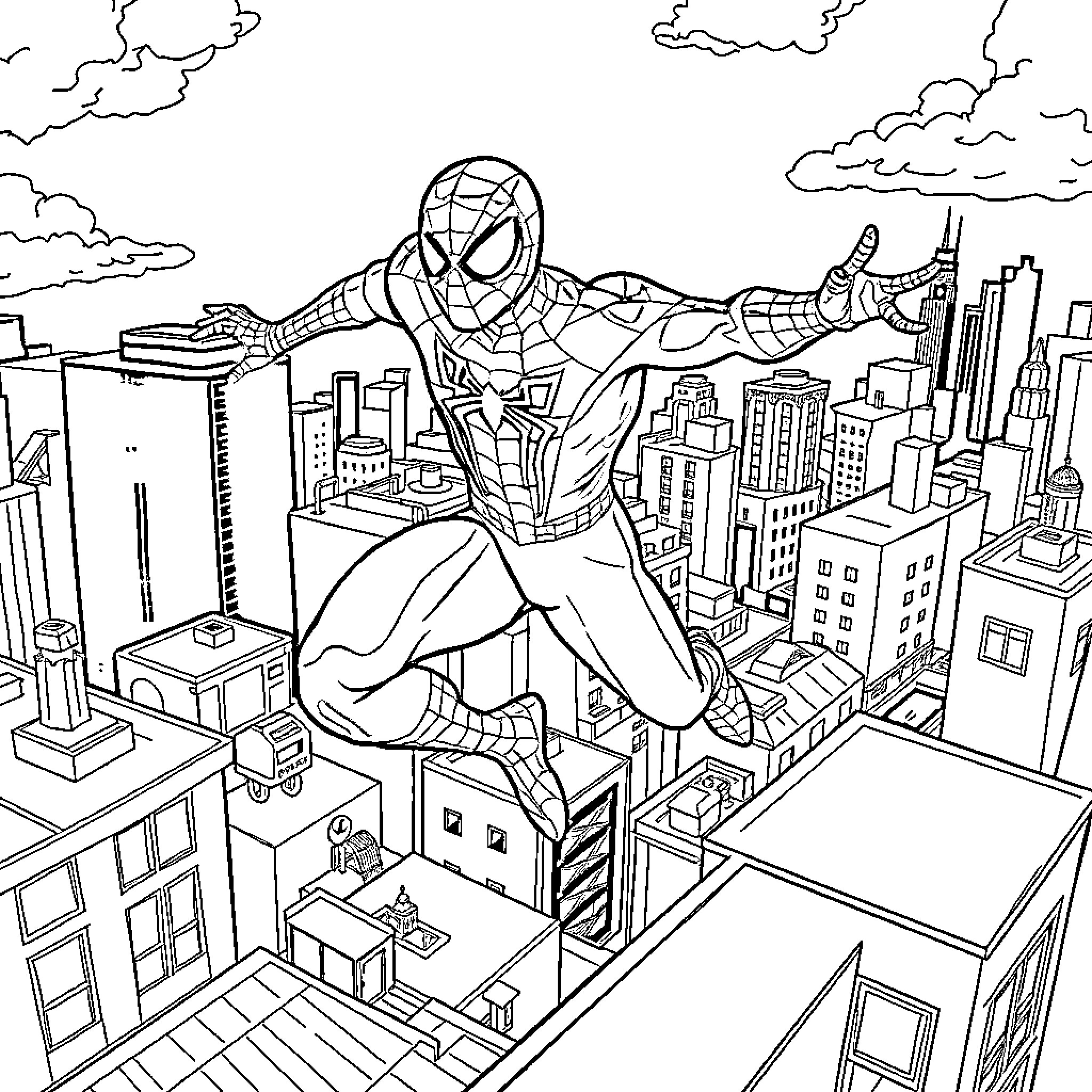 Spiderman Swinging through the City Skyline Coloring Page (free black-and-white line drawing printable PDF for all, from beginners to advanced learners, including children, teens, adults, and seniors)