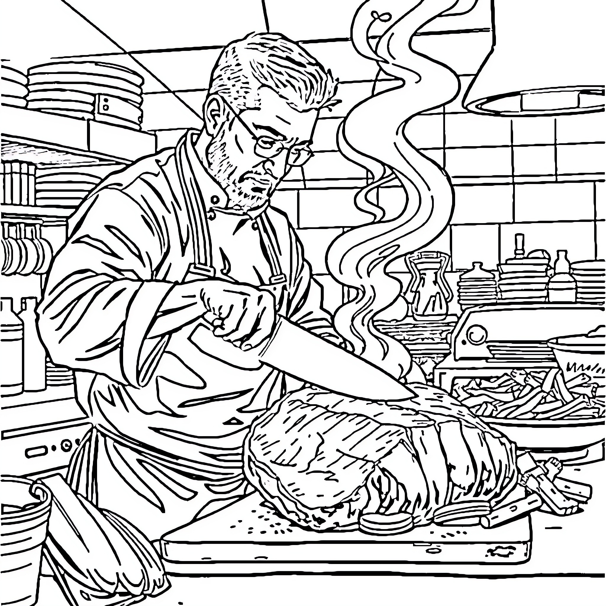 Chef prepares a savory dish in his kitchen Coloring Page (free black-and-white line drawing printable PDF for all, from beginners to advanced learners, including children, teens, adults, and seniors)