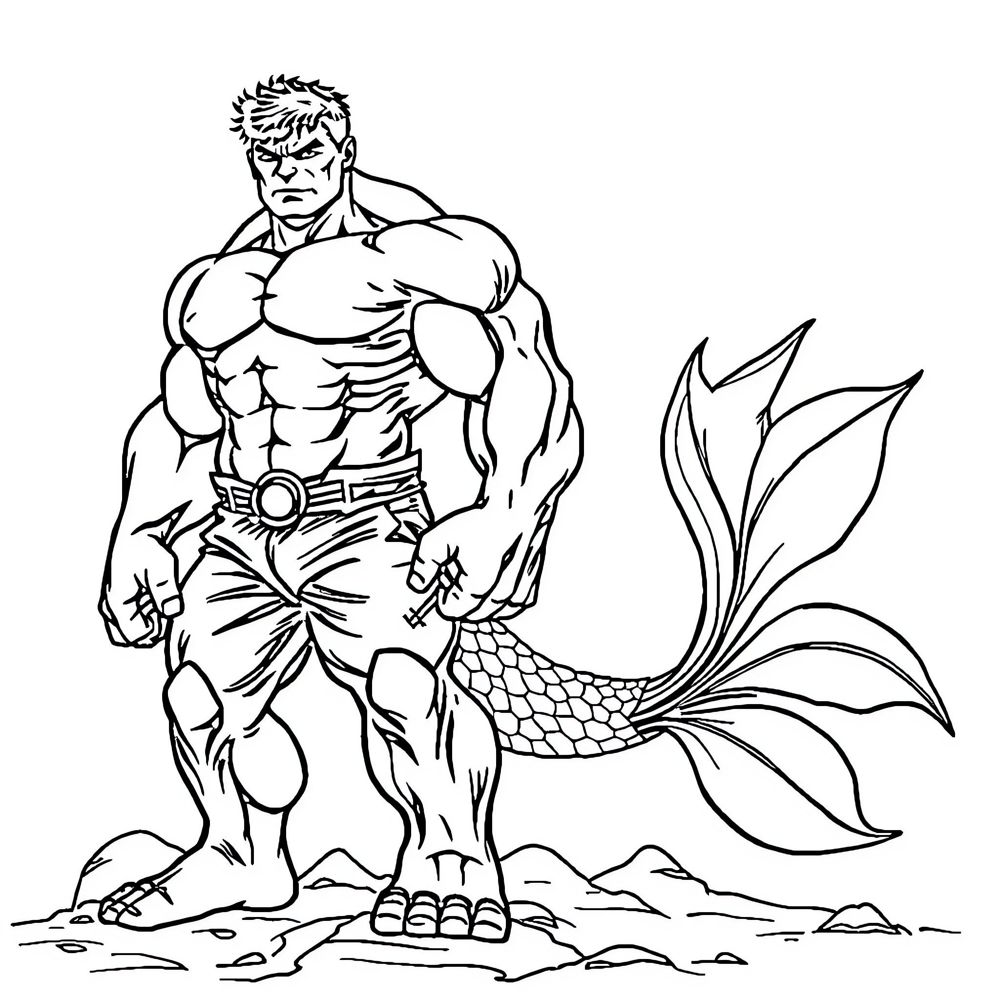 Hulk's Mighty Mermaid Transformation Coloring Page (free black-and-white line drawing printable PDF for all, from beginners to advanced learners, including children, teens, adults, and seniors)