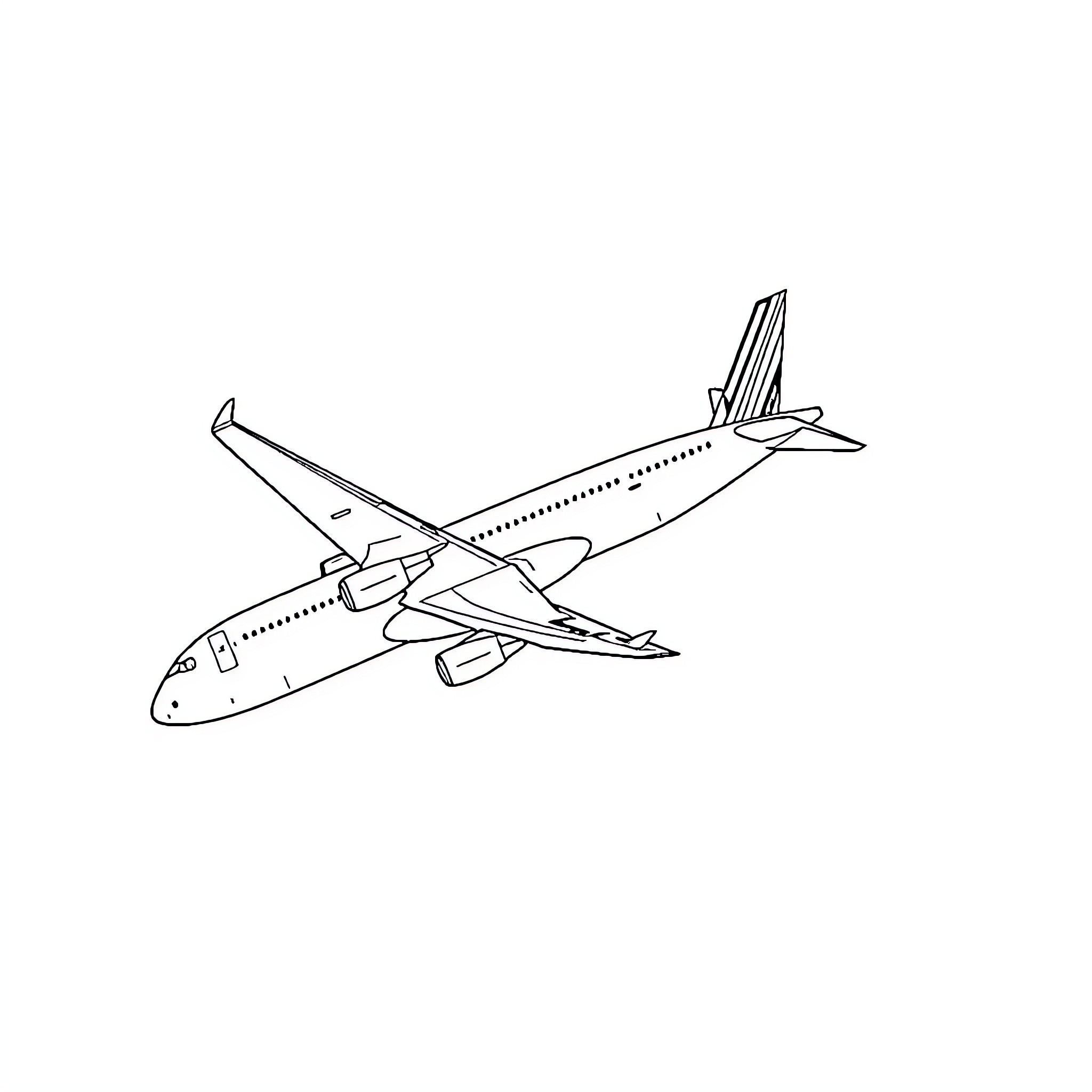 Airplane in flight carrying passengers Coloring Page (free black-and-white line drawing printable PDF for all, from beginners to advanced learners, including children, teens, adults, and seniors)