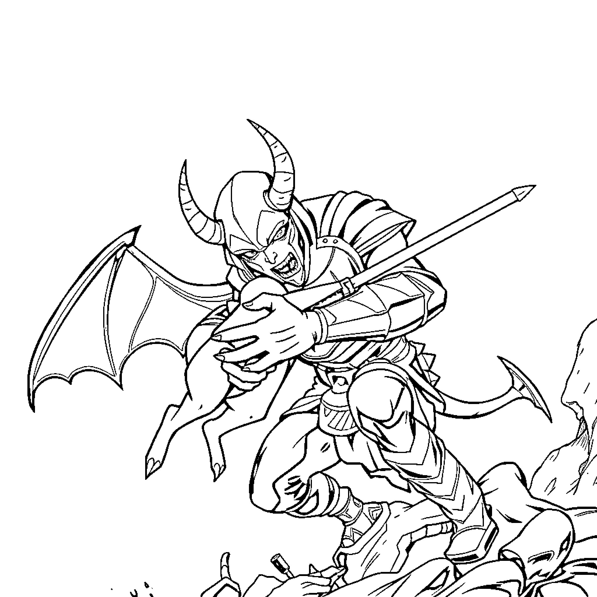 Demon Hunter battling fierce demonic creatures Coloring Page (free black-and-white line drawing printable PDF for all, from beginners to advanced learners, including children, teens, adults, and seniors)