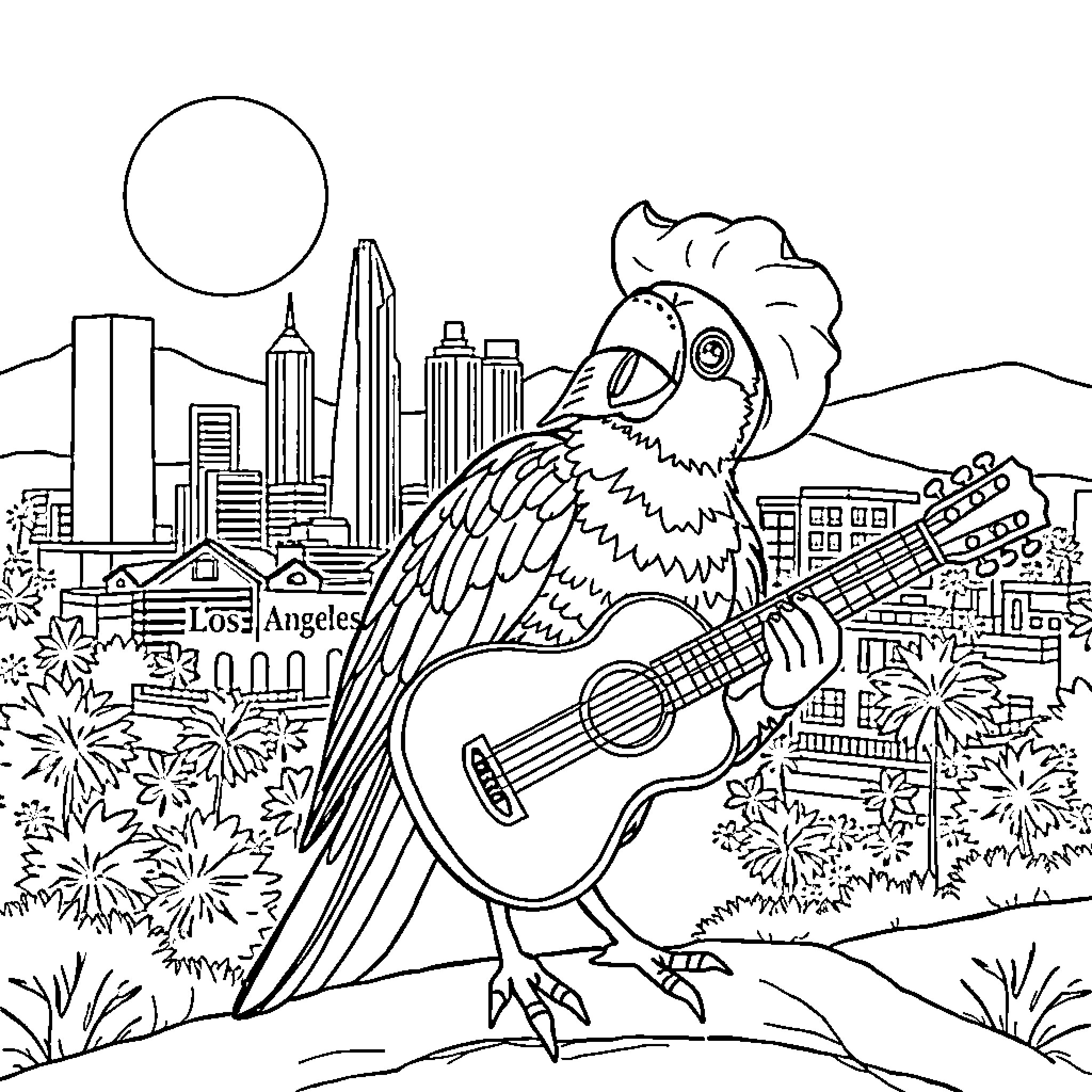 Oiseau playing guitar in front of cityscape Coloring Page (free black-and-white line drawing printable PDF for all, from beginners to advanced learners, including children, teens, adults, and seniors)