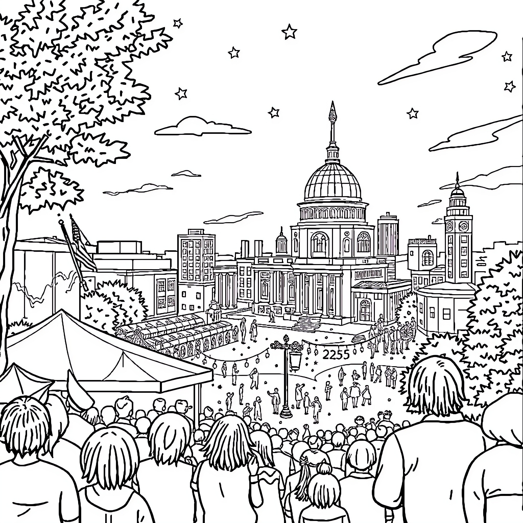 America250PA: Vibrant Festival in the City Coloring Page (free black-and-white line drawing printable PDF for all, from beginners to advanced learners, including children, teens, adults, and seniors)