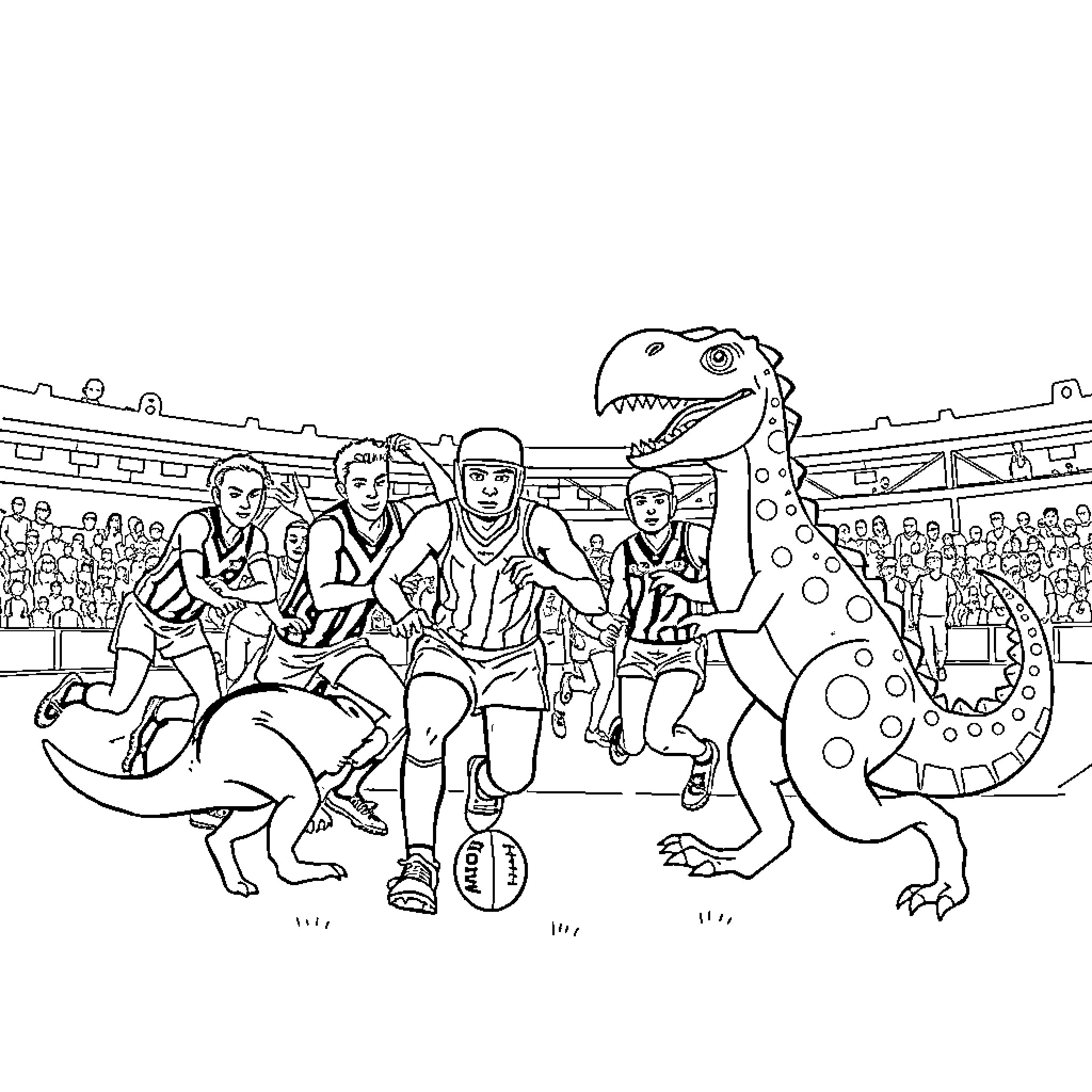 Dinosaur athletes compete in sports event Coloring Page (free black-and-white line drawing printable PDF for all, from beginners to advanced learners, including children, teens, adults, and seniors)