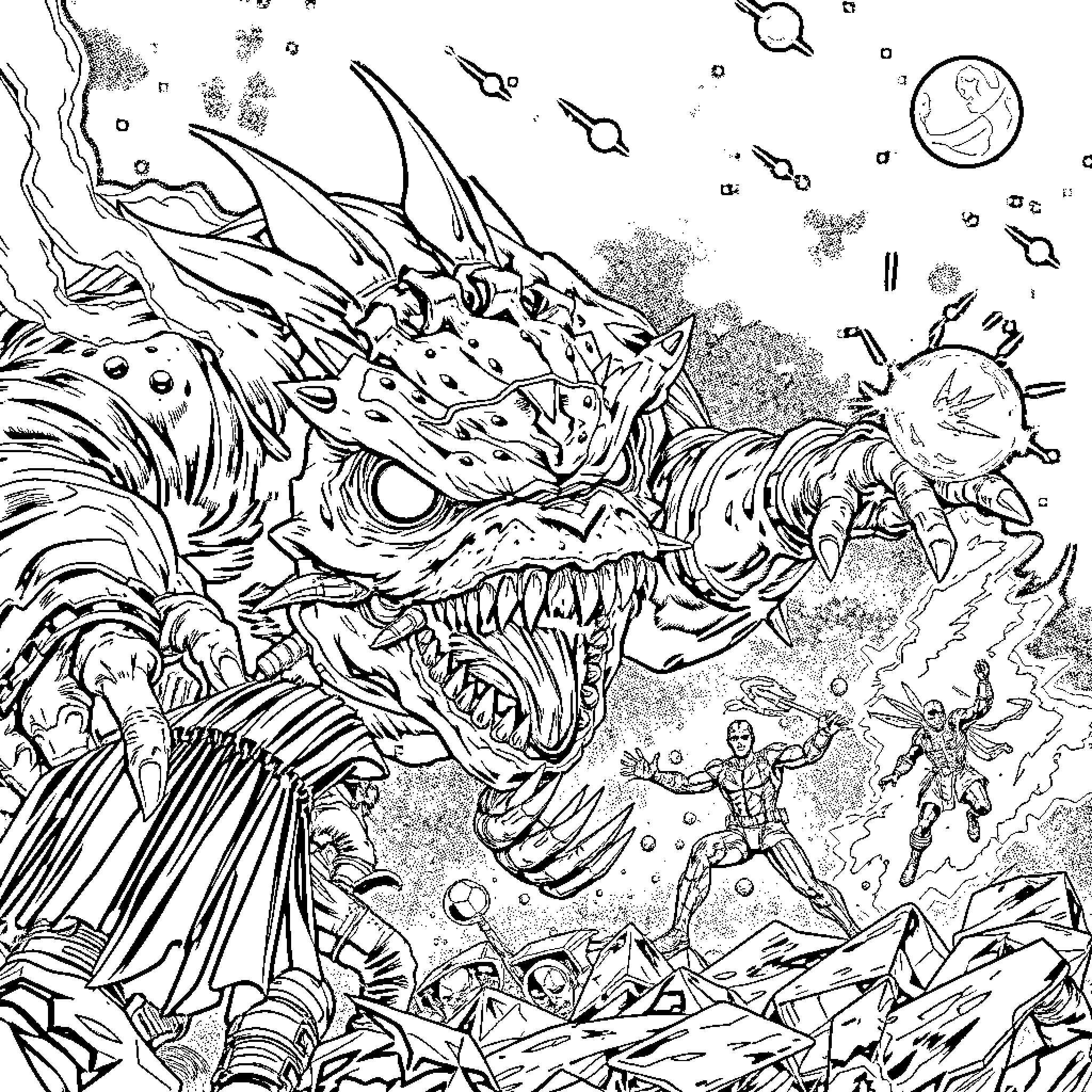 Monster unleashing cosmic chaos and destruction Coloring Page (free black-and-white line drawing printable PDF for all, from beginners to advanced learners, including children, teens, adults, and seniors)