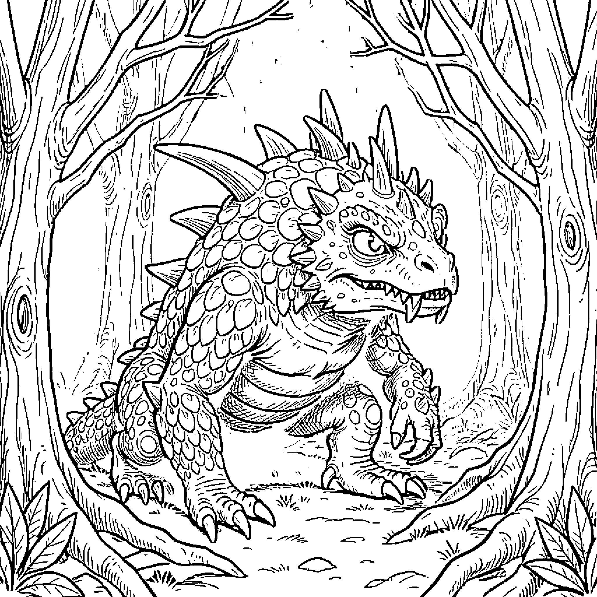 Mutadon - Mysterious Reptilian Creature in the Forest Coloring Page (free black-and-white line drawing printable PDF for all, from beginners to advanced learners, including children, teens, adults, and seniors)