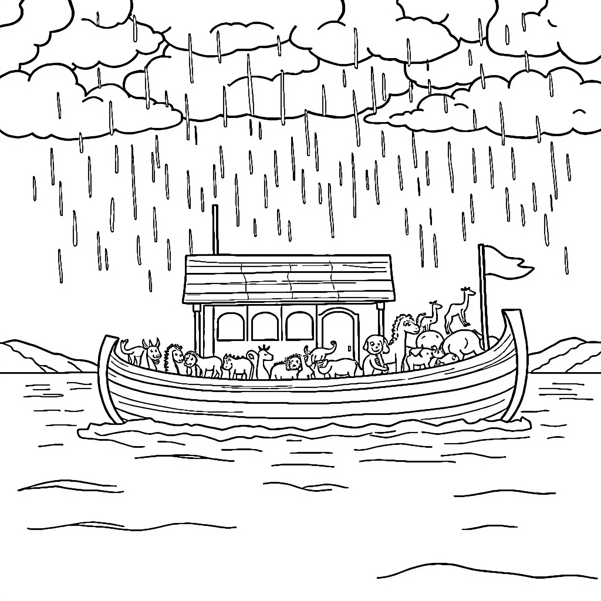 Noah's Ark Sailing Through the Stormy Seas Coloring Page (free black-and-white line drawing printable PDF for all, from beginners to advanced learners, including children, teens, adults, and seniors)