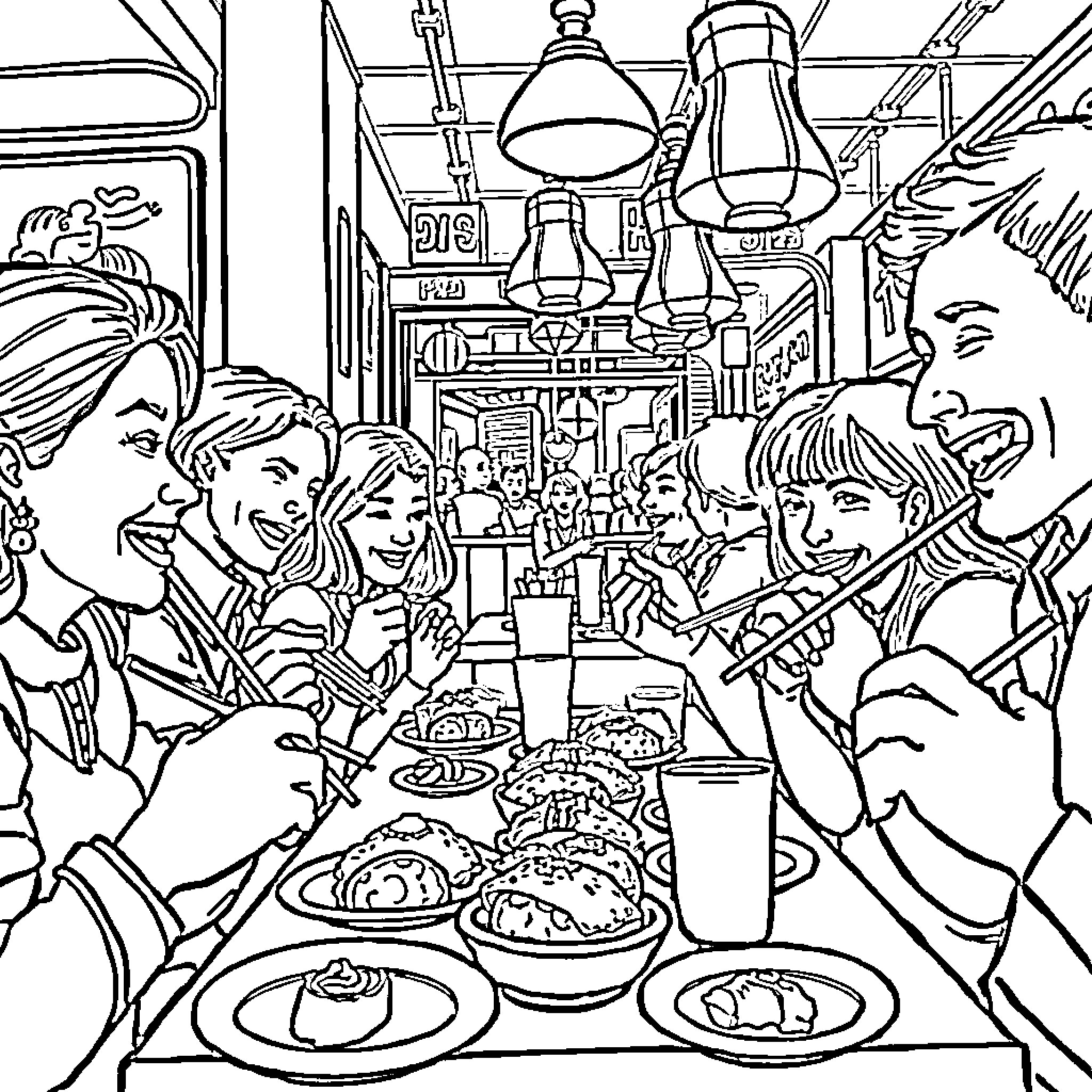 Sushi Restaurant: Lively Gathering with Friends Coloring Page (free black-and-white line drawing printable PDF for all, from beginners to advanced learners, including children, teens, adults, and seniors)