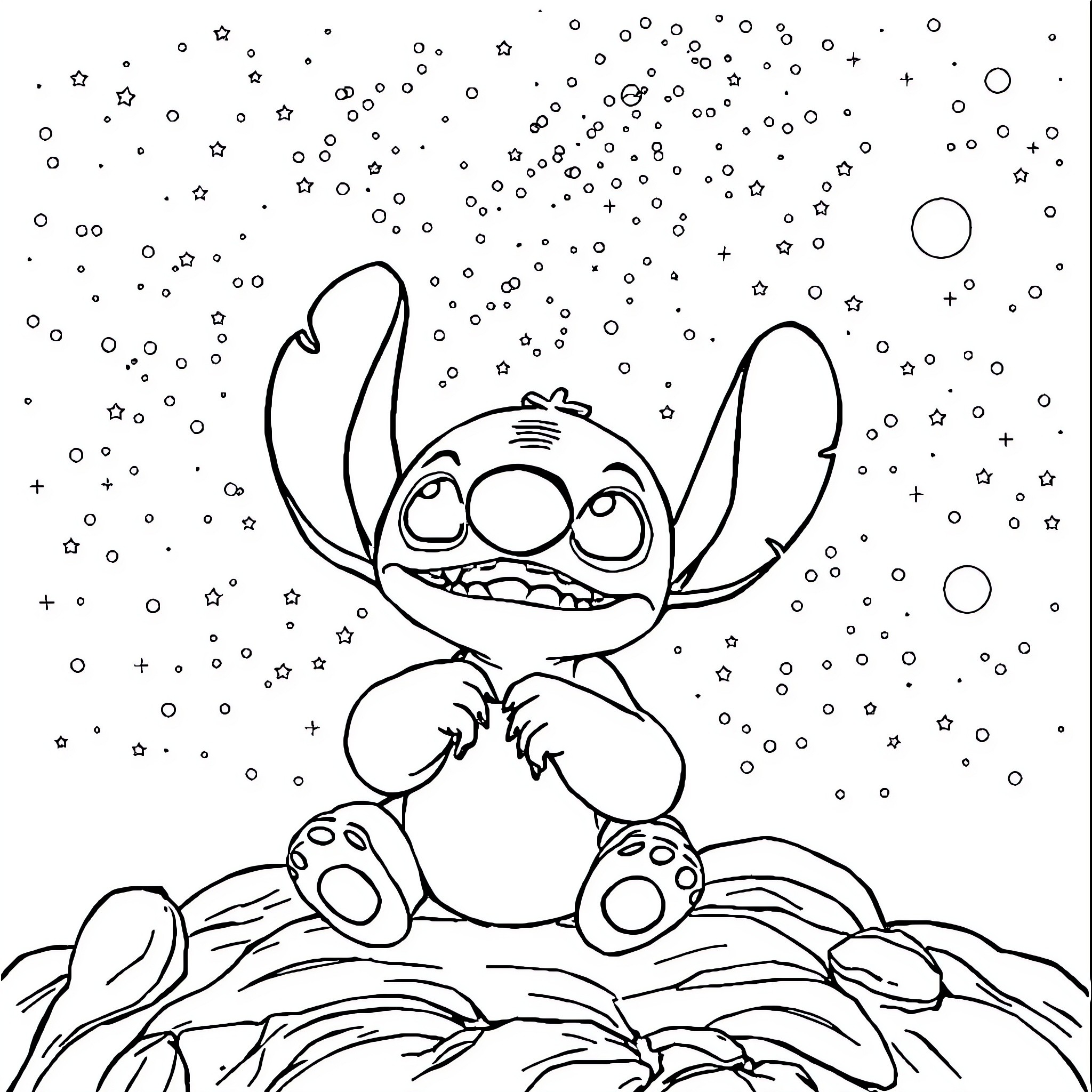 Stitch Playing in the Snow Coloring Page (free black-and-white line drawing printable PDF for all, from beginners to advanced learners, including children, teens, adults, and seniors)