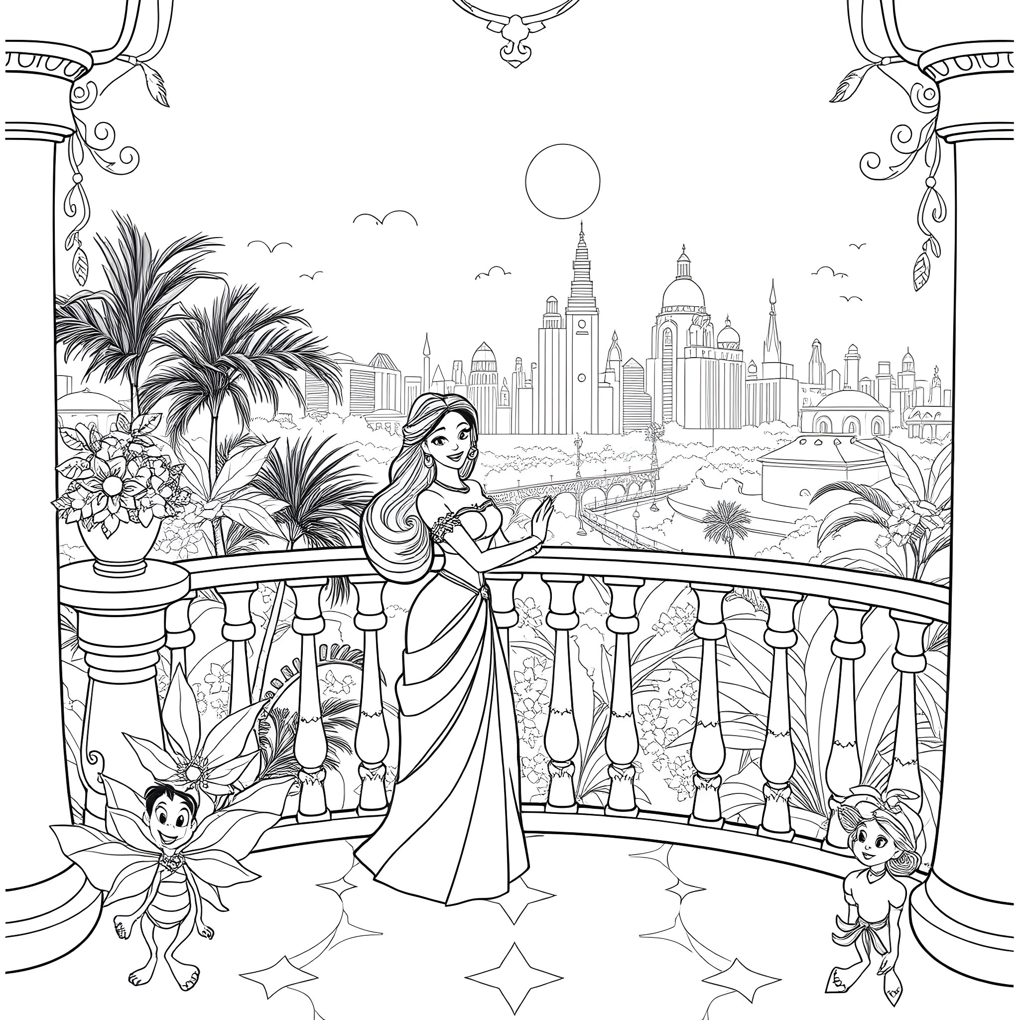 Jasmine Admiring the City Skyline with Insects Coloring Page (free black-and-white line drawing printable PDF for all, from beginners to advanced learners, including children, teens, adults, and seniors)
