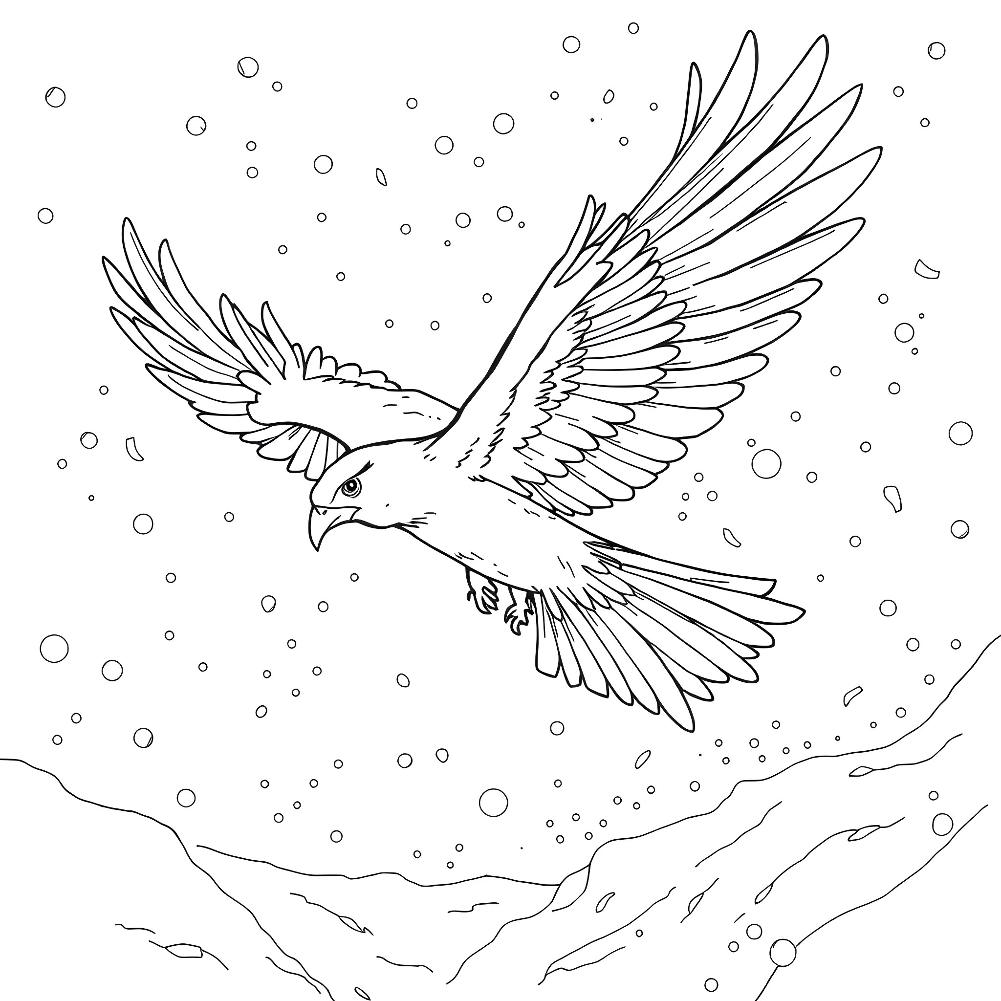 Thunderbird soaring through the snowy skies Coloring Page (free black-and-white line drawing printable PDF for all, from beginners to advanced learners, including children, teens, adults, and seniors)