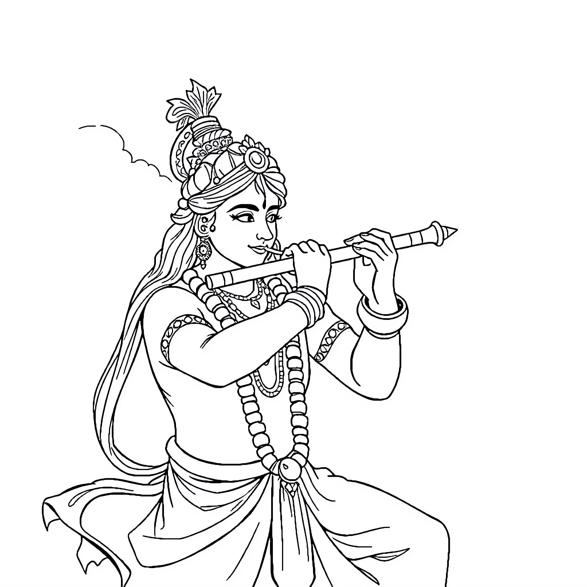 Krishna playing the flute in divine attire Coloring Page (free black-and-white line drawing printable PDF for all, from beginners to advanced learners, including children, teens, adults, and seniors)