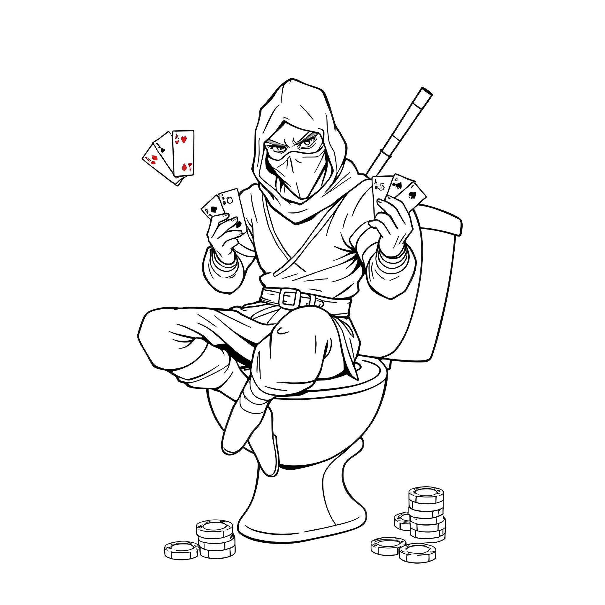 Ninja gambler playing cards on toilet Coloring Page (free black-and-white line drawing printable PDF for all, from beginners to advanced learners, including children, teens, adults, and seniors)