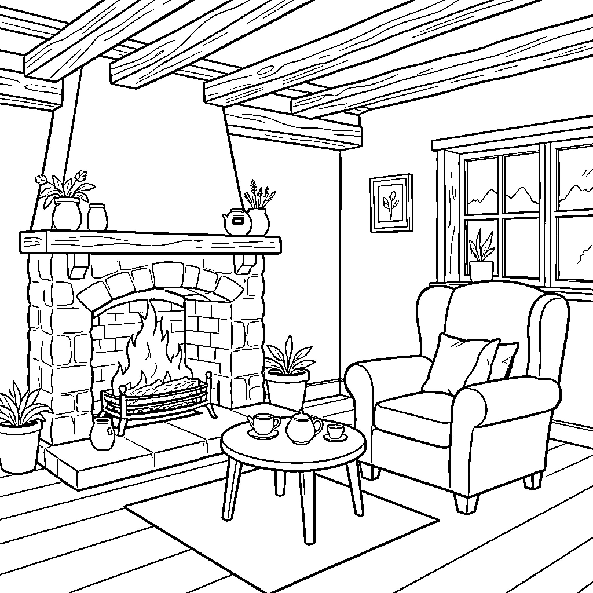 Cottage living room with a warm glowing fireplace Coloring Page (free black-and-white line drawing printable PDF for all, from beginners to advanced learners, including children, teens, adults, and seniors)
