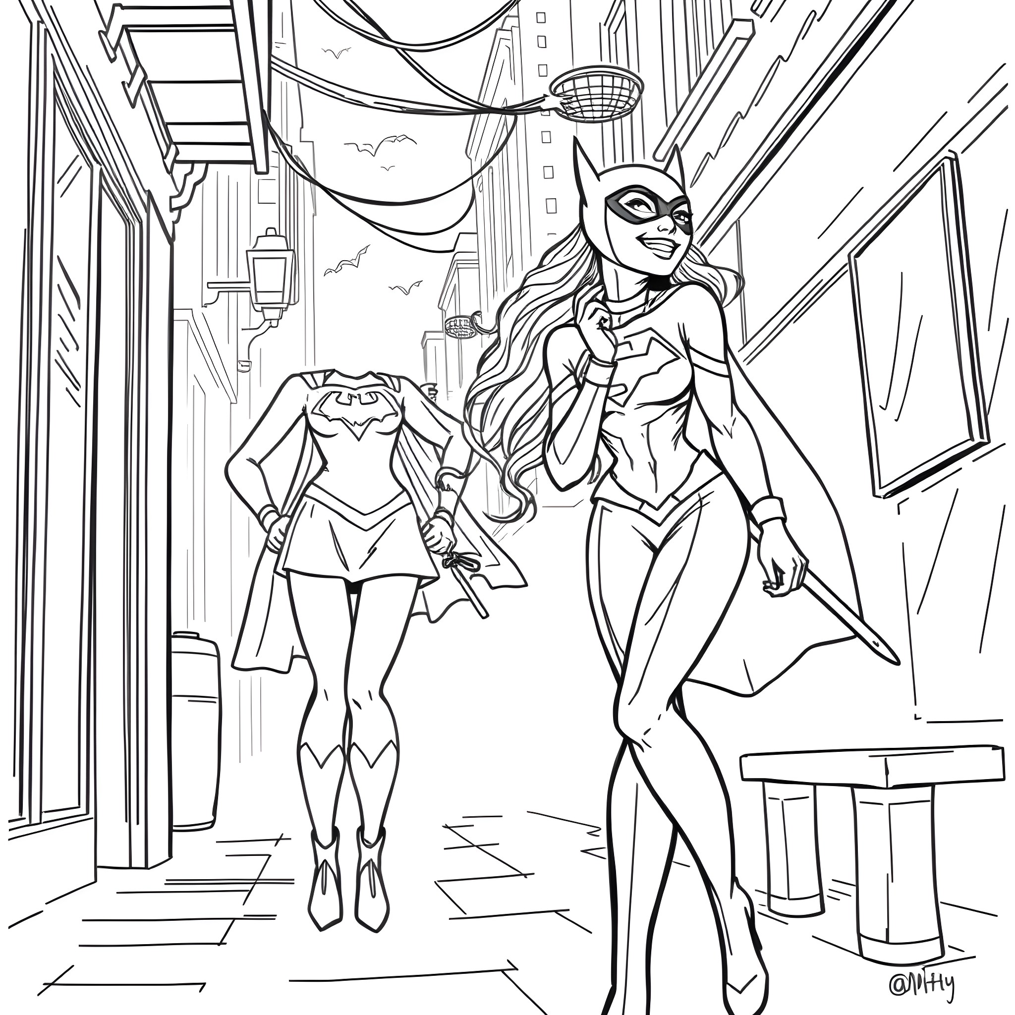 Supergirl heroines in action-packed city scene Coloring Page (free black-and-white line drawing printable PDF for all, from beginners to advanced learners, including children, teens, adults, and seniors)