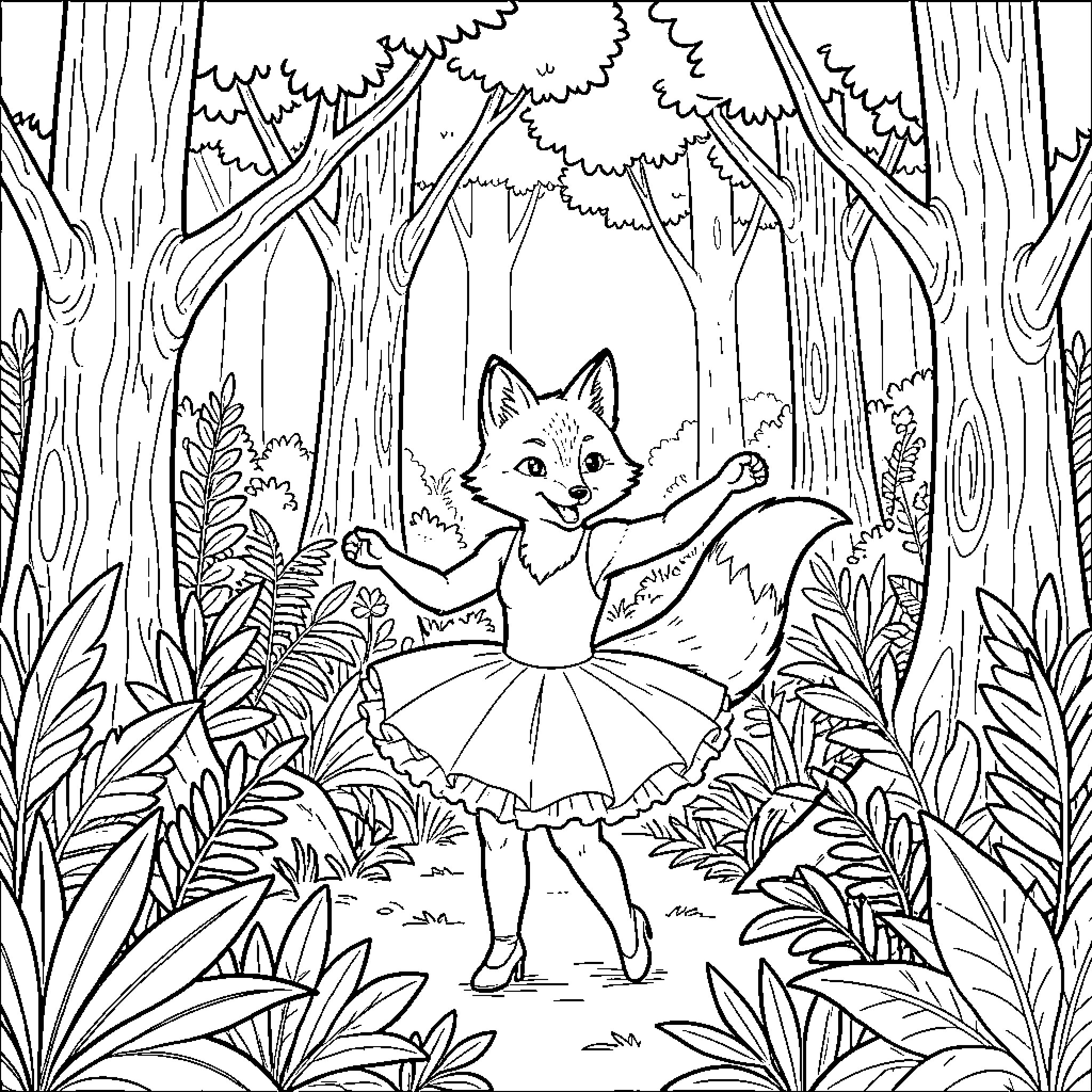 Fox dancing joyfully in a tutu through the forest Coloring Page (free black-and-white line drawing printable PDF for all, from beginners to advanced learners, including children, teens, adults, and seniors)