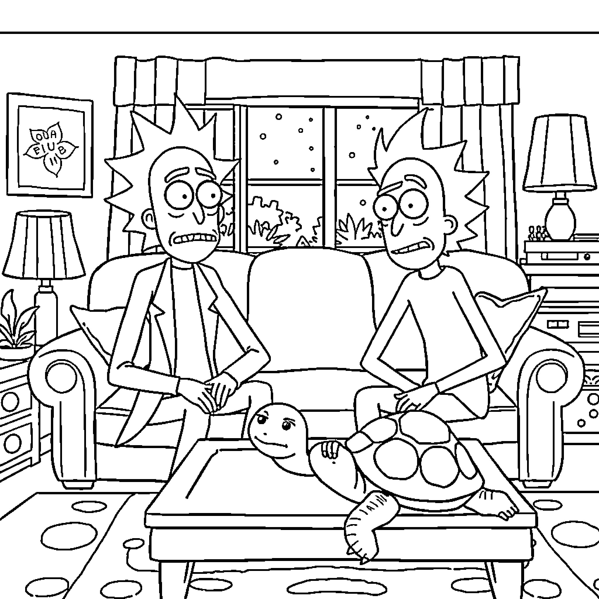 Rick And Morty watching TV on the couch Coloring Page (free black-and-white line drawing printable PDF for all, from beginners to advanced learners, including children, teens, adults, and seniors)
