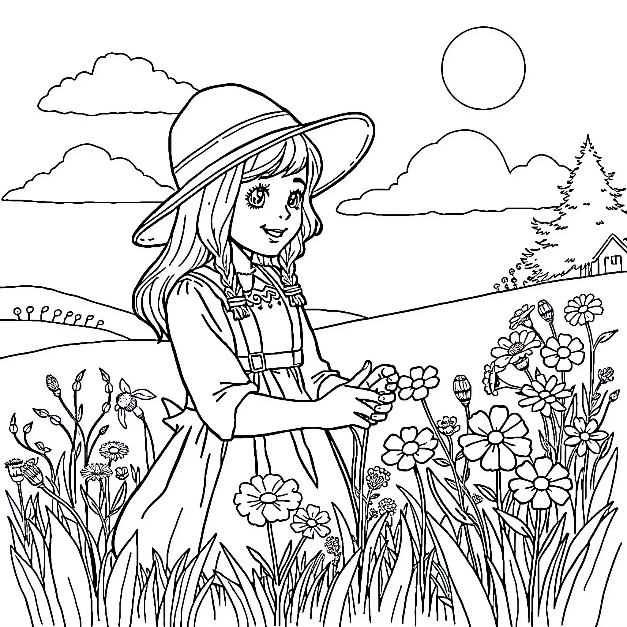 Pioneer Girl Exploring the Meadow Coloring Page (free black-and-white line drawing printable PDF for all, from beginners to advanced learners, including children, teens, adults, and seniors)